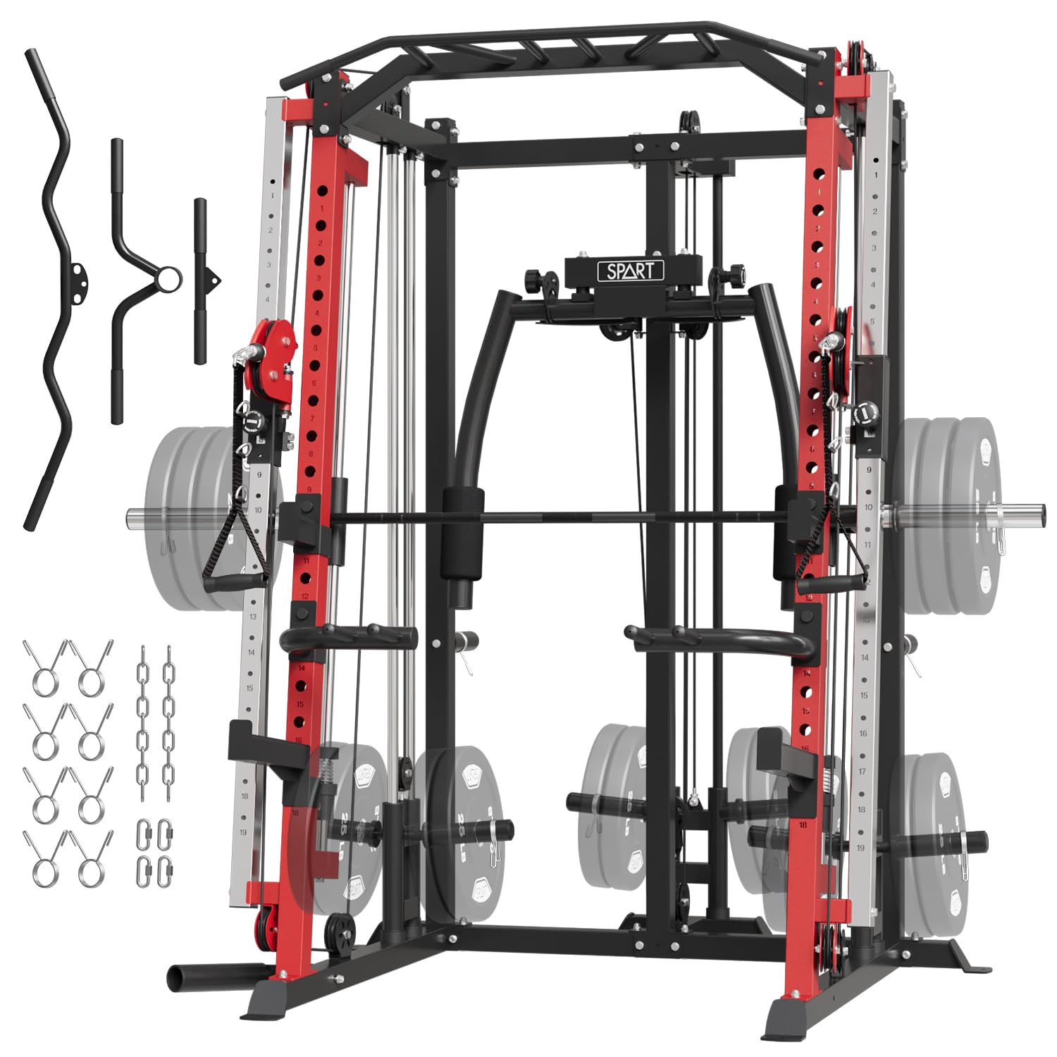 SPART Workout Station Angled Smith Machine with Bench,Cage System-Home Gym Multifunction Rack,Workout Equipment with Smith Bar, LAT Pull-Down Systems, Cable Crossover Machine and Cable Attachment