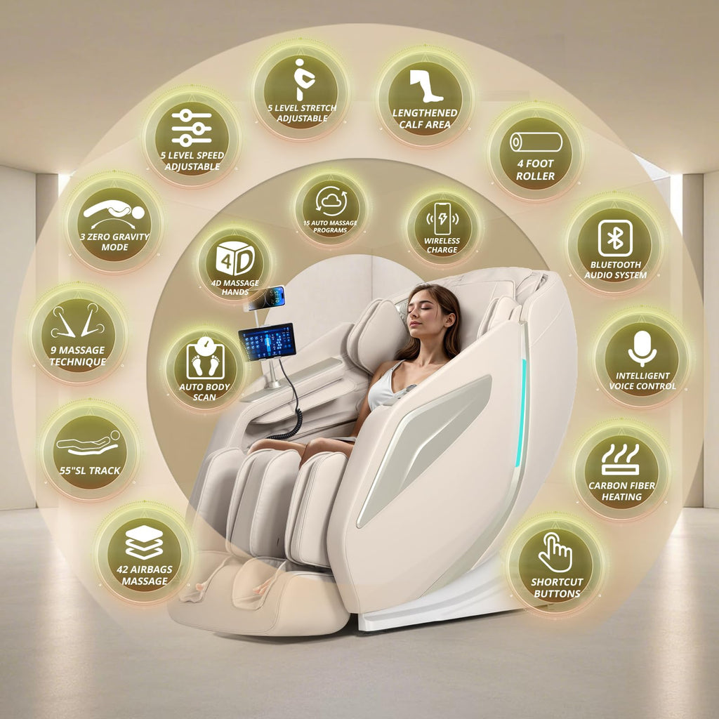 HealthRelife 4D Massage Chair Full Body Zero Gravity Recliner - 55“ SL-Track,15 Auto Modes,11 Massage Technique,40 Airbags Massage,with Yoga Stretch,APP Control,Shiatsu Foot Massage(Black)