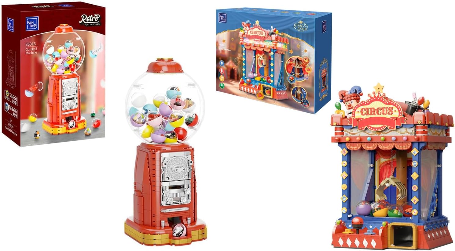 Retro Gumball Machine & Circus Claw Machine Building Set, Interactive Arcade-Style Model Kits with Lights, Music & Surprise Capsules for Collectible Display & Play