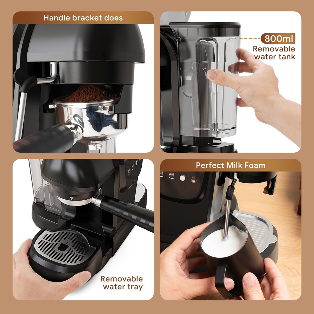 20 Bar Espresso Machine with Grinder & Steam Wand - Semi Automatic Coffee Maker, NTC Intelligent Temp Control, 58mm Stainless Steel Portafilter, One-Touch Panel for Home Barista (BLACK)