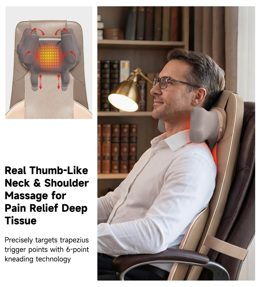 Shiatsu Neck and Back Massager for Chair with Heat, 2 Interchangeable Attachments Full Back Massage Pad Deep Tissue, Adjustable Height 3-Level Intensity for Office Home, Masajeador de Espalda, Khaki