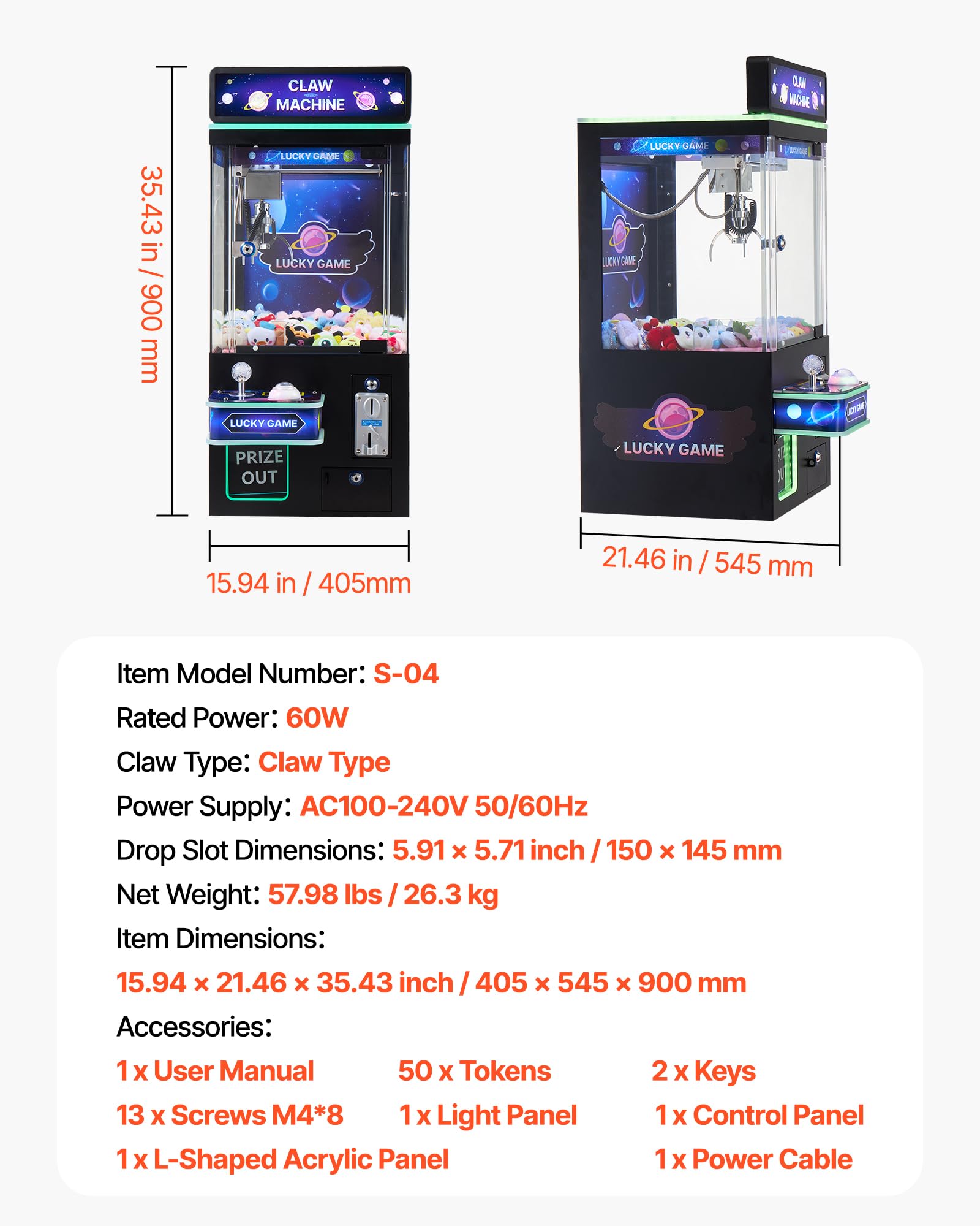 VEVOR Claw Crane Machine, Medium-Sized Arcade Game Machine with Claw + Grabber Double-Layer, Light & Sound, Toy Candy Grabber Prize Dispenser Vending Toy, for Commercial Home Cinema, Black Purple