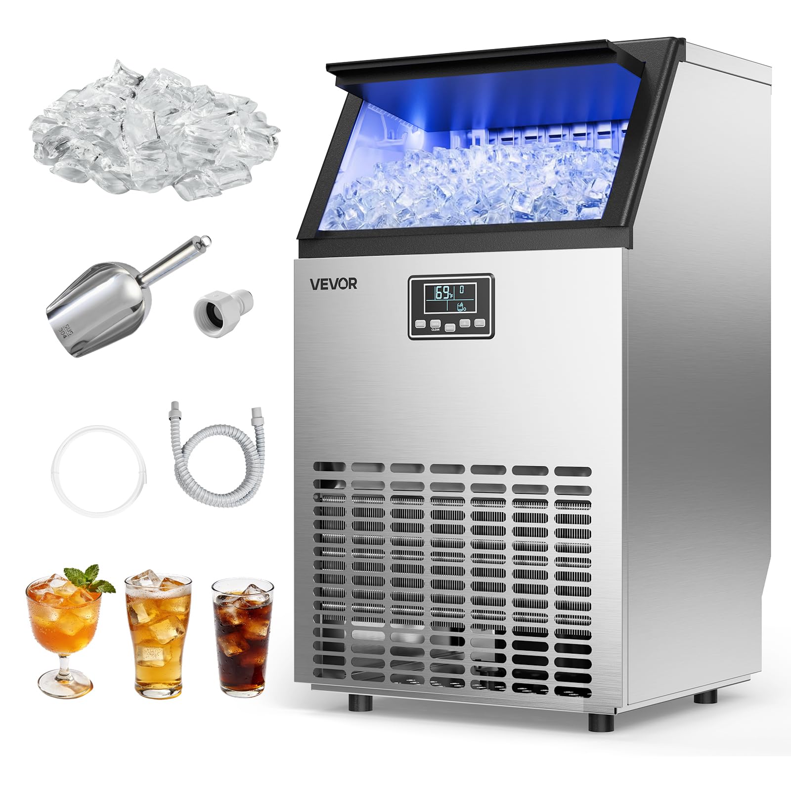 VEVOR Commercial Ice Maker Machine, 100 lbs/24h with 30-35 lbs Storage, Bullet Ice,Built-in/Freestanding/Under Counter, Stainless Steel Ice Maker with LED Display for Home Bar Restaurant