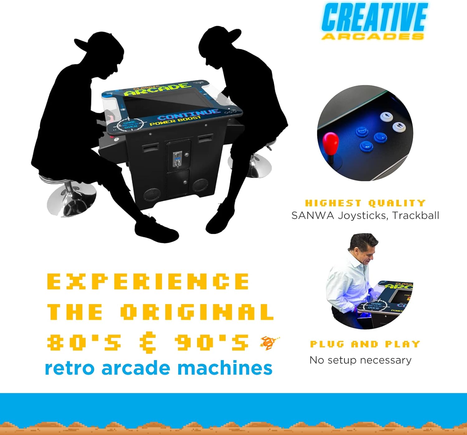 Creative Arcades Full Size Commercial Grade Cocktail Arcade Machine | 2 Player | 412 Games | 26" LCD Screen | Square Glass Top | 2 Sanwa Joysticks | 2 Stools Included | 3 Year Warranty