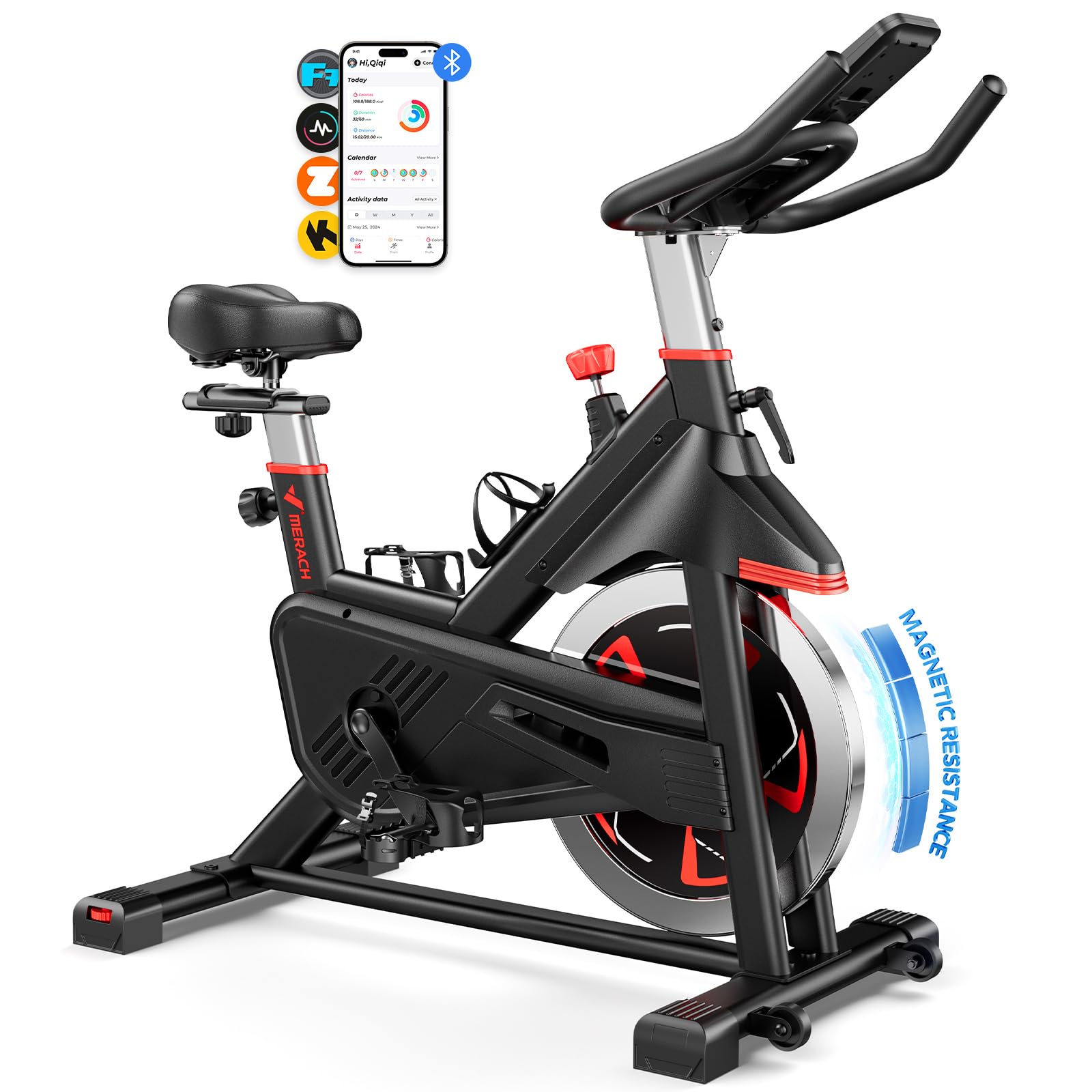 Merach Magnetic Exercise Bike, Heavy Duty Stationary Bike with Automated Resistance, 300 350 Lbs Weight Capacity, Low Noise Indoor Workout Bike for Home Gym with Self-Developed App