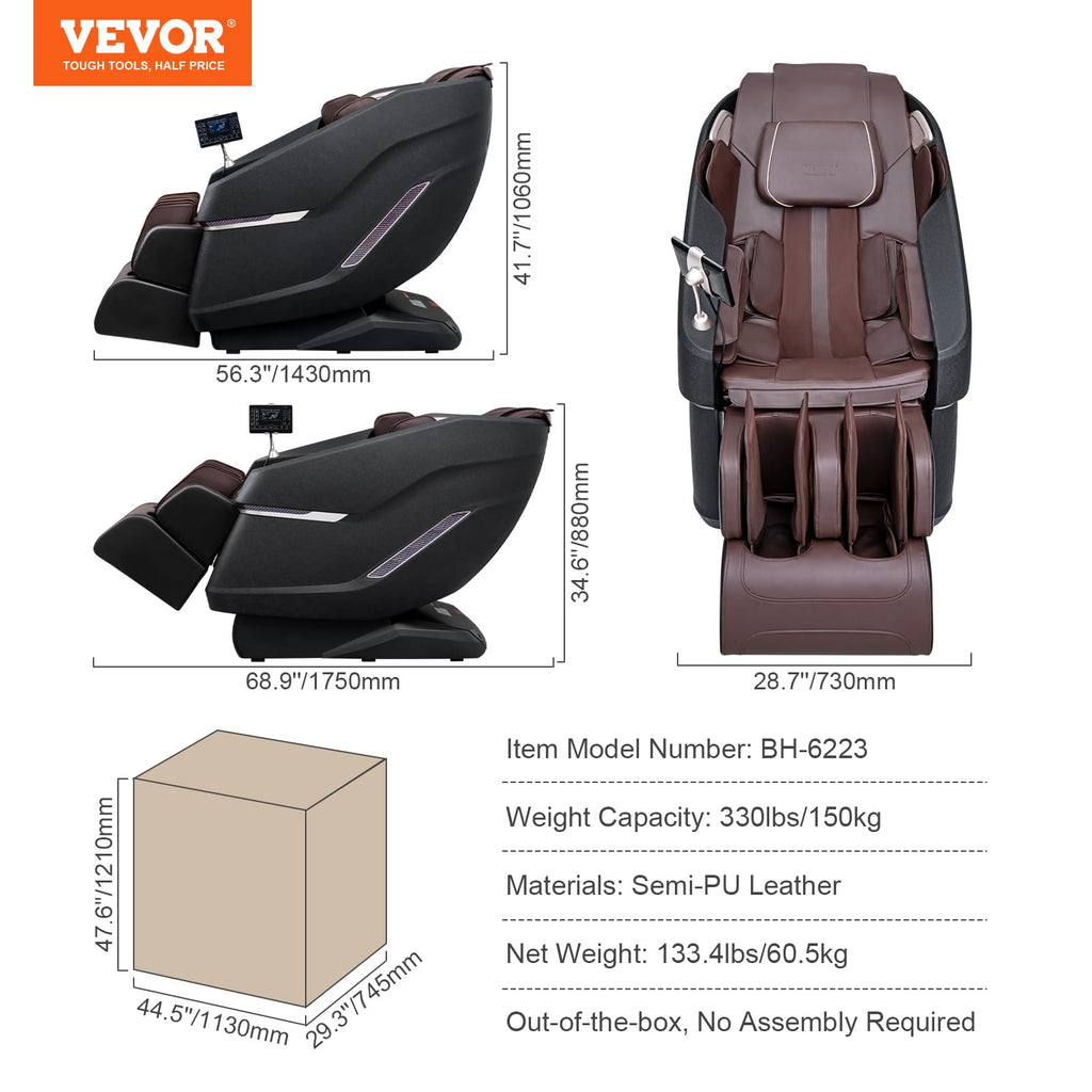 VEVOR Massage Chair - Full Body Zero Gravity Recliner with Multi Auto Modes, 3D Shiatsu, Heating, Bluetooth Speaker, Airbag, Foot Roller, and Touch Screen