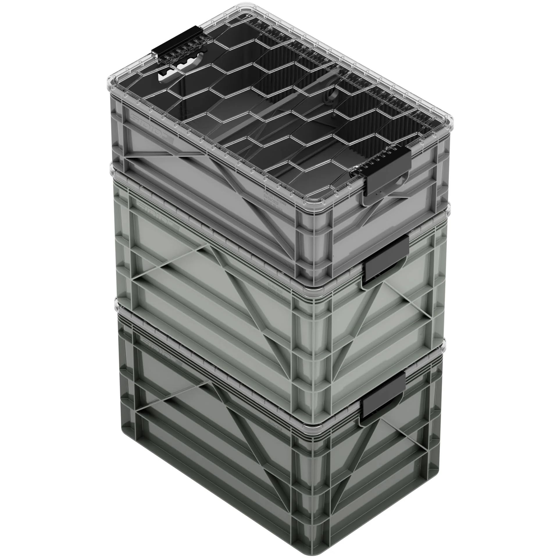 SIDIO CRATE Starter Pack - Two Full Size and One Half Size SidioCrate, Stackable Outdoor Organizer Storage Bins with Clear Lid and Dividers - Tan