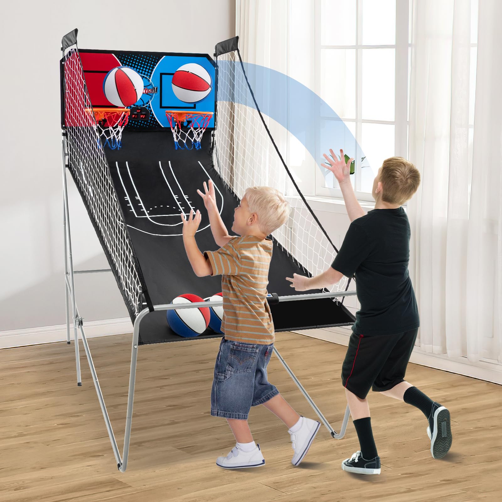 KOTEK Basketball Arcade Game Indoor, Foldable Dual Shot Electronic Basketball Games for 2 Players w/8 Game Options & LED Scoring System, Basketball Hoop Arcade for Family Home Play (Green)