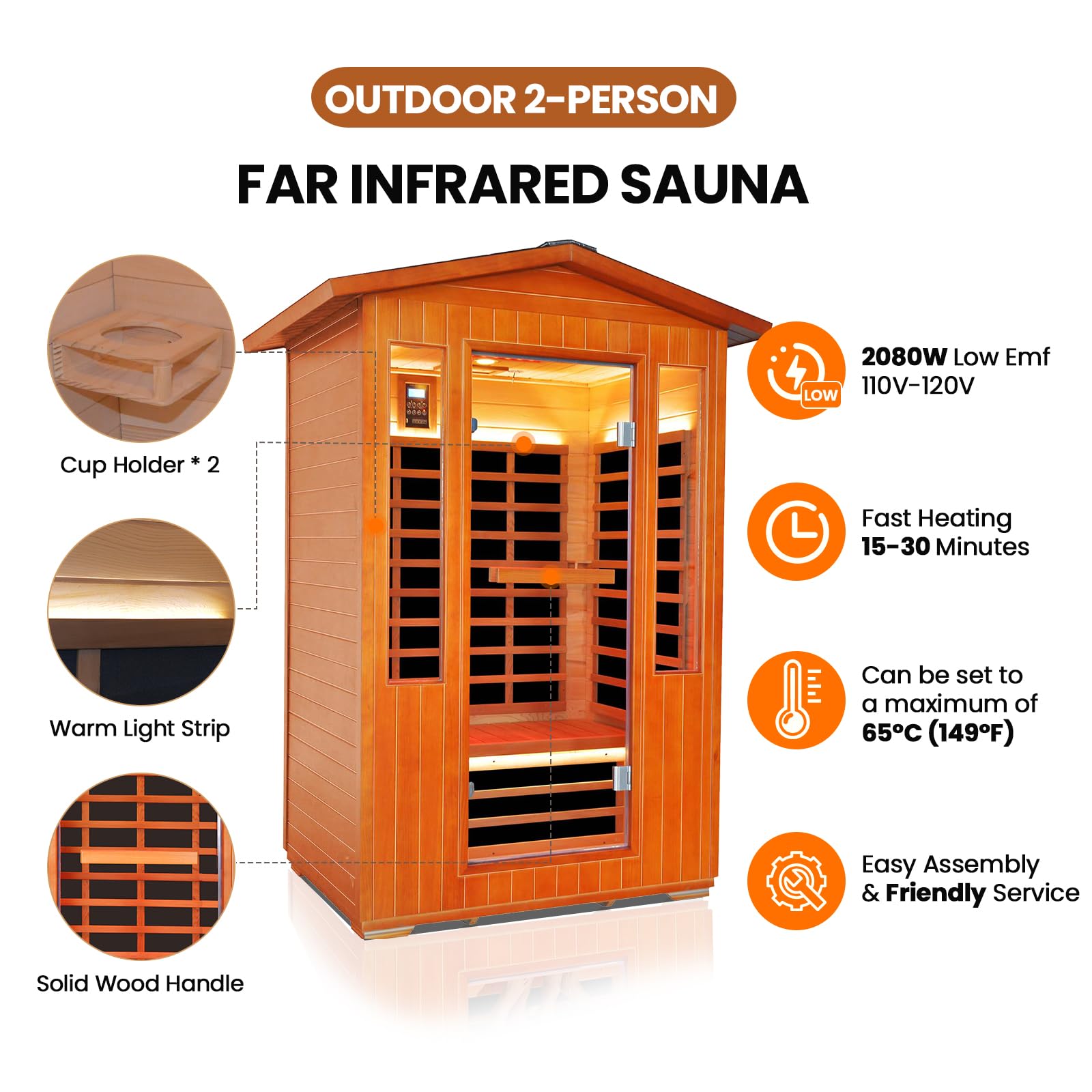 2 Person Infrared Sauna Far Infrared Sauna Room for Home Indoor 2000W Low-EMF Wood Dry Sauna with Full Starry Sky Lights Ceiling in 7 Color Speaker Fast Heating Easy Assembly- 47.3*41.3*74.8 IN