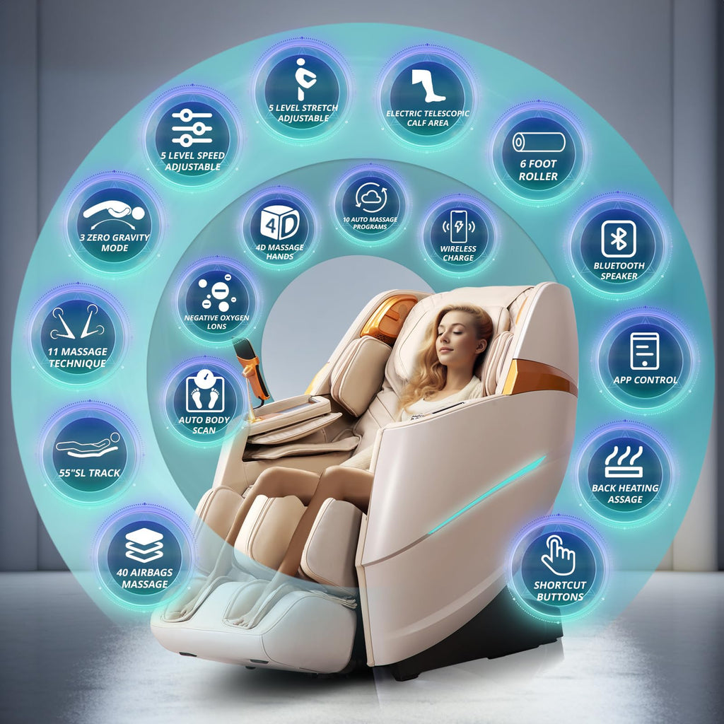 HealthRelife 4D Massage Chair Full Body Zero Gravity Recliner - 55“ SL-Track,20 Auto Modes,11 Massage Technique,40 Airbags Massage,with Yoga Stretch,APP Control,Negative Oxygen lons（Grey）