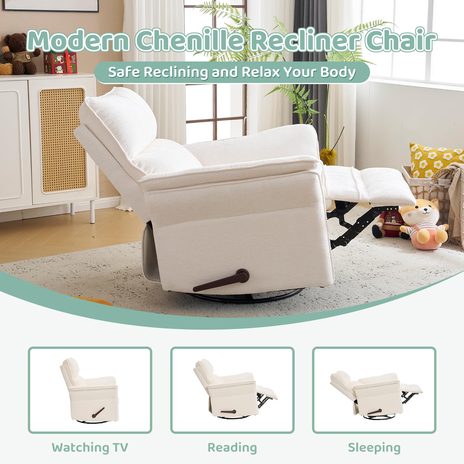 Oversized Rocking Chair Nursery with Massage and Heat, Glider Recliner Nursery Chair with Adjustable Headrest, Power Swivel Rocker Recliner Chair with USB Port, Dark Grey