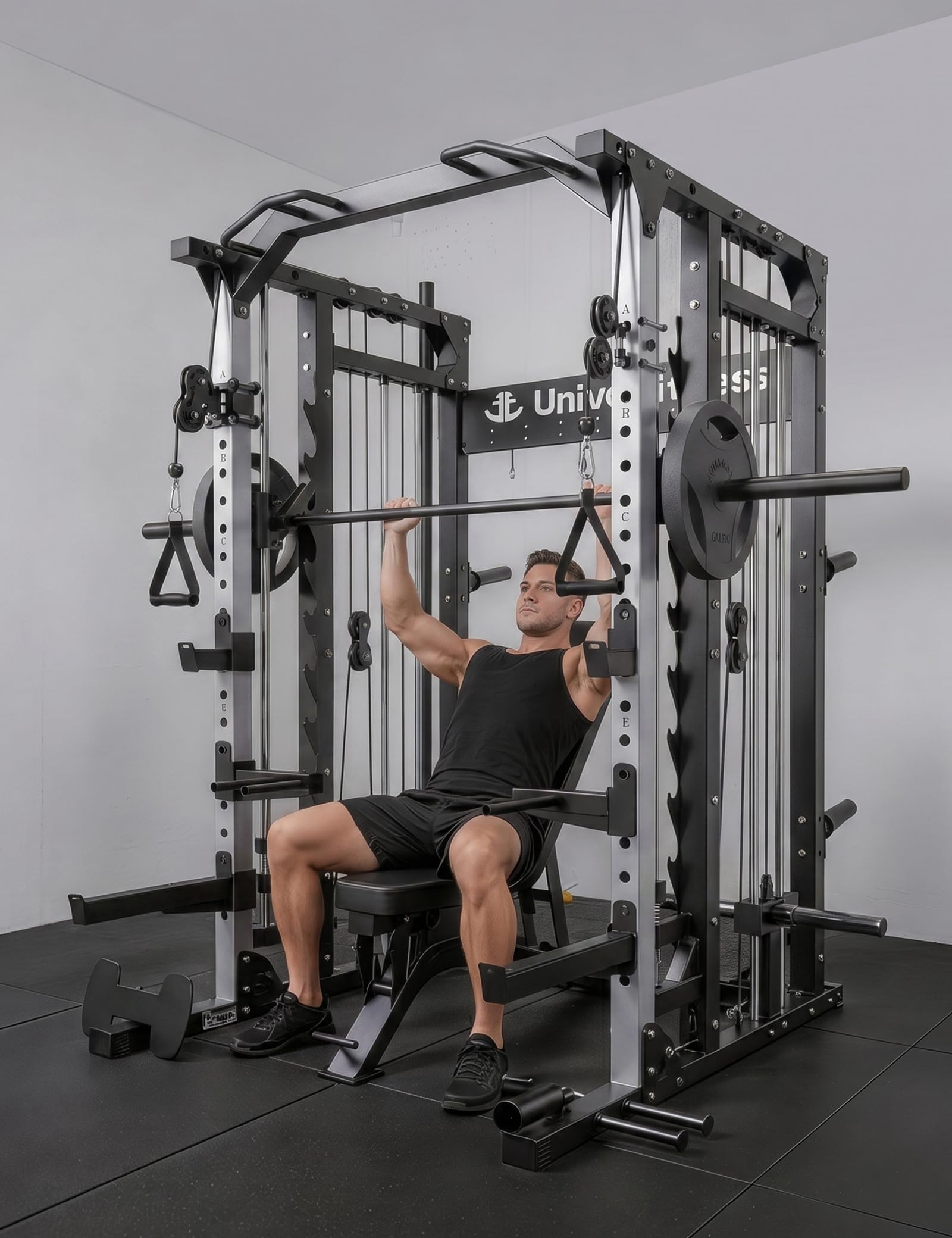 Unive Fitness Smith Machine, Commercial-Grade All-in-One Home Gym Power Cage with Squat Rack, Dual Cable Crossover & Pulley System, Complete Attachments for Full Body Workouts