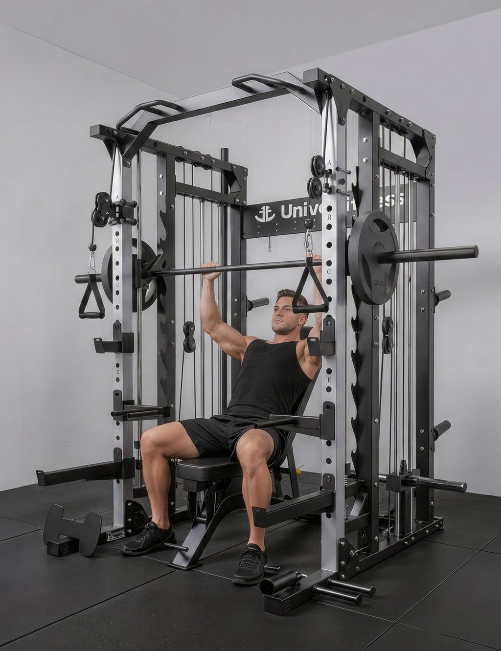 Unive Fitness Smith Machine, Commercial-Grade All-in-One Home Gym Power Cage with Squat Rack, Dual Cable Crossover & Pulley System, Complete Attachments for Full Body Workouts