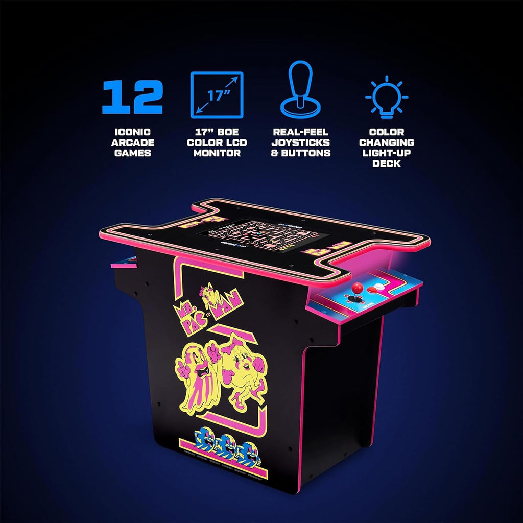 Arcade1Up Ms.PAC-MAN Head-to-Head Arcade Machine – Retro Home Arcade Table with 12 Classic Games, Light-Up Control Deck & Real-Feel Joysticks