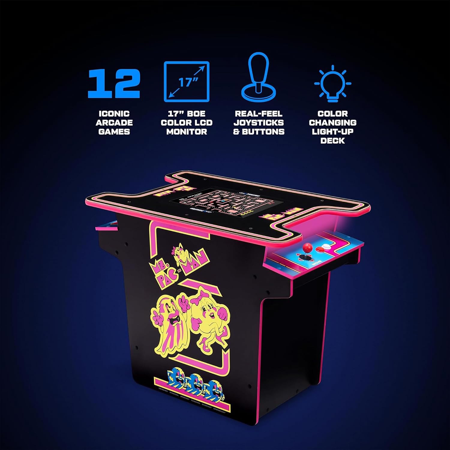 Arcade1Up Ms.PAC-MAN Head-to-Head Arcade Machine – Retro Home Arcade Table with 12 Classic Games, Light-Up Control Deck & Real-Feel Joysticks