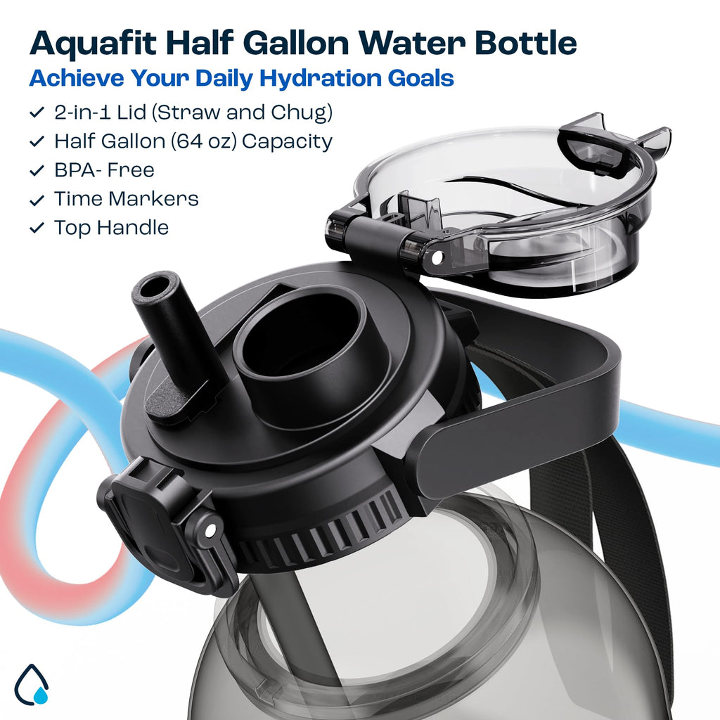 AQUAFIT 64 oz Water Bottle with Time Marker - 2in1 Straw & Chug Lid - BPA Free Big Water Bottle with Straw - Gym Water Bottle with Strap - Water Jug (64 Ounces, Clarity)