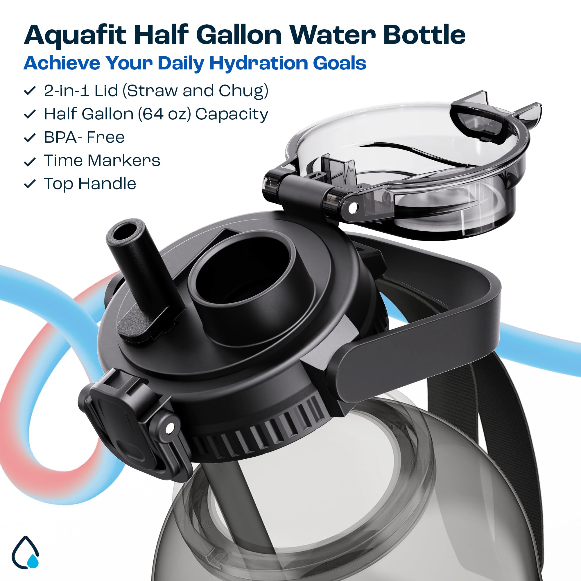 AQUAFIT 64 oz Water Bottle with Time Marker - 2in1 Straw & Chug Lid - BPA Free Big Water Bottle with Straw - Gym Water Bottle with Strap - Water Jug (64 Ounces, Clarity)