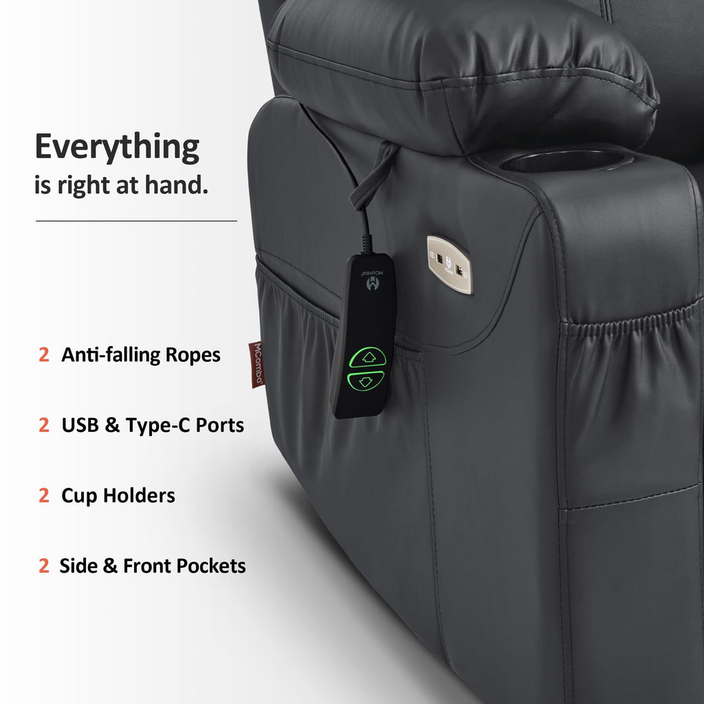 MCombo Electric Power Lift Recliner Chair Sofa with Massage and Heat for Elderly, 3 Positions, 2 Side Pockets, and Cup Holders, USB Ports, Faux Leather 7040 (Grey, Medium)