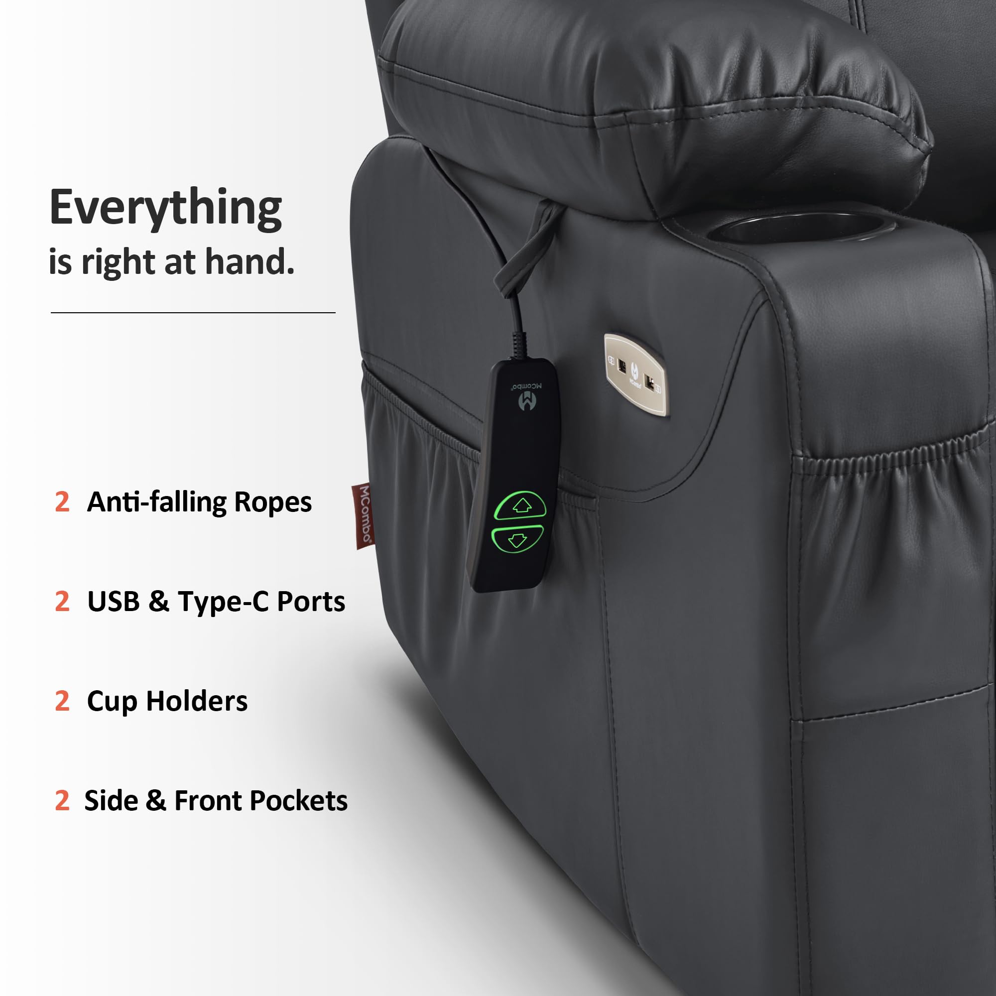MCombo Electric Power Lift Recliner Chair Sofa with Massage and Heat for Elderly, 3 Positions, 2 Side Pockets, and Cup Holders, USB Ports, Faux Leather 7040 (Grey, Medium)
