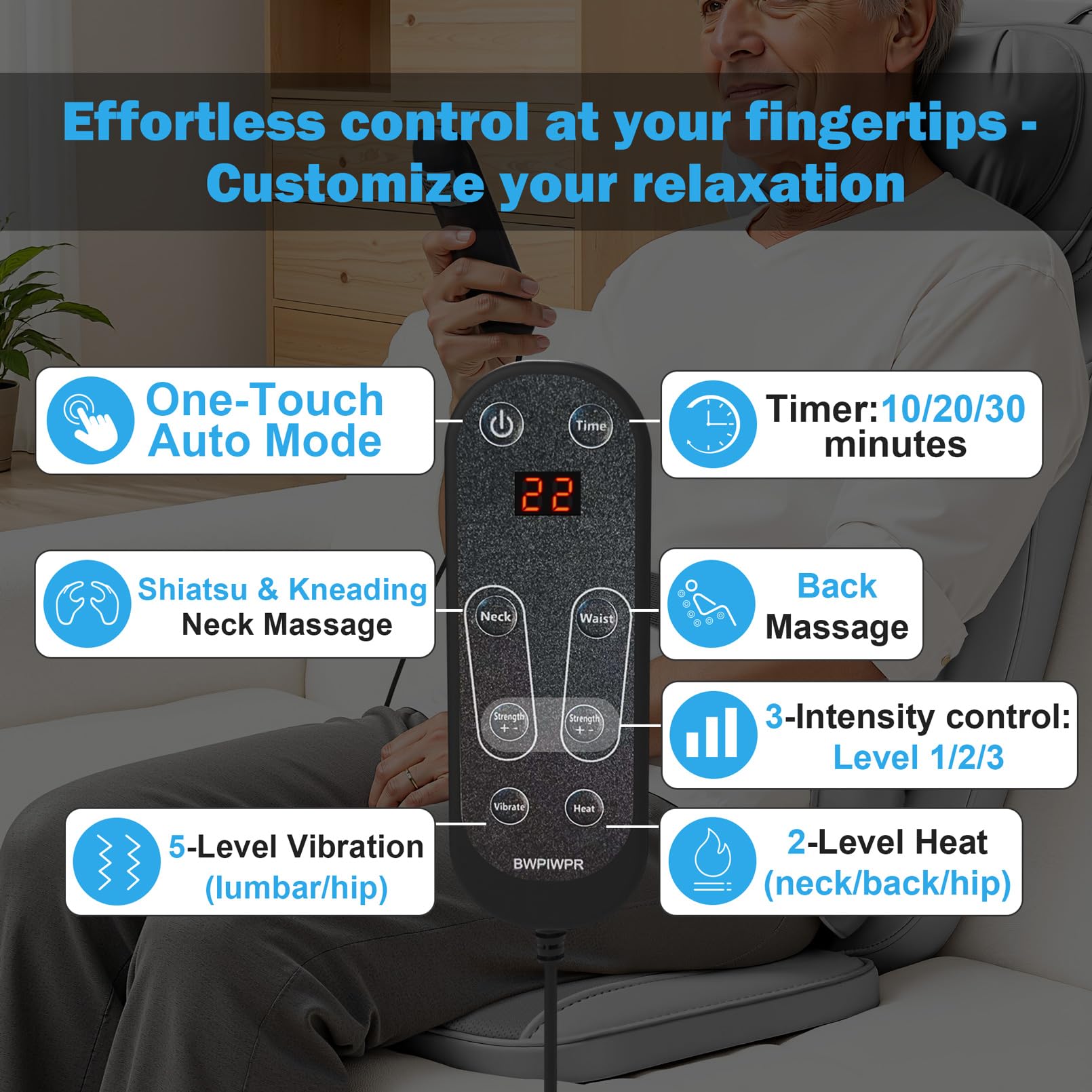 Shiatsu Neck Back Massage Cushion with Heat - 4D Kneading Massager w/Vibration, Dual-Neck Design, Adjustable Intensity/Height, Ease Muscle Tightness from Long Sitting, for Office, Home, Blue