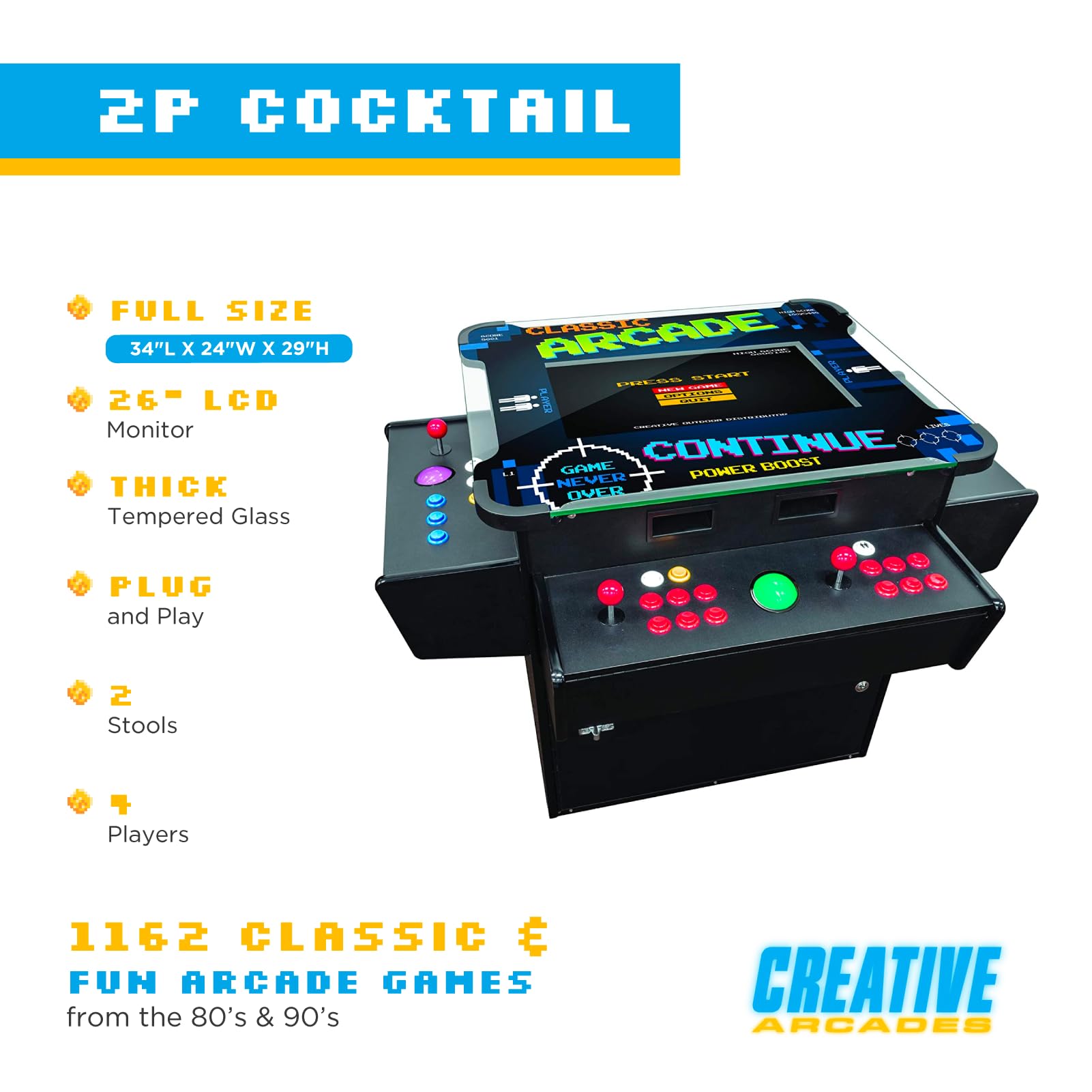 Creative Arcades Full Size Commercial Grade Cocktail Arcade Machine | 4 Player | 1162 Games | 26" LCD Screen | 3 Sided | Square Glass Top |4 Sanwa Joysticks | Trackball | 2 Stools | 3 Year Warranty