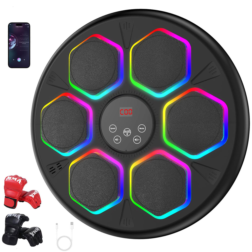 GAINO Music Boxing Machine, Smart Bluetooth Boxing Machine for Adults & Kids with 2 Boxing Gloves, 12 Modes/Speeds, Wall Mounted Music Boxing Workout Equipment for Home Office Gym(Black)
