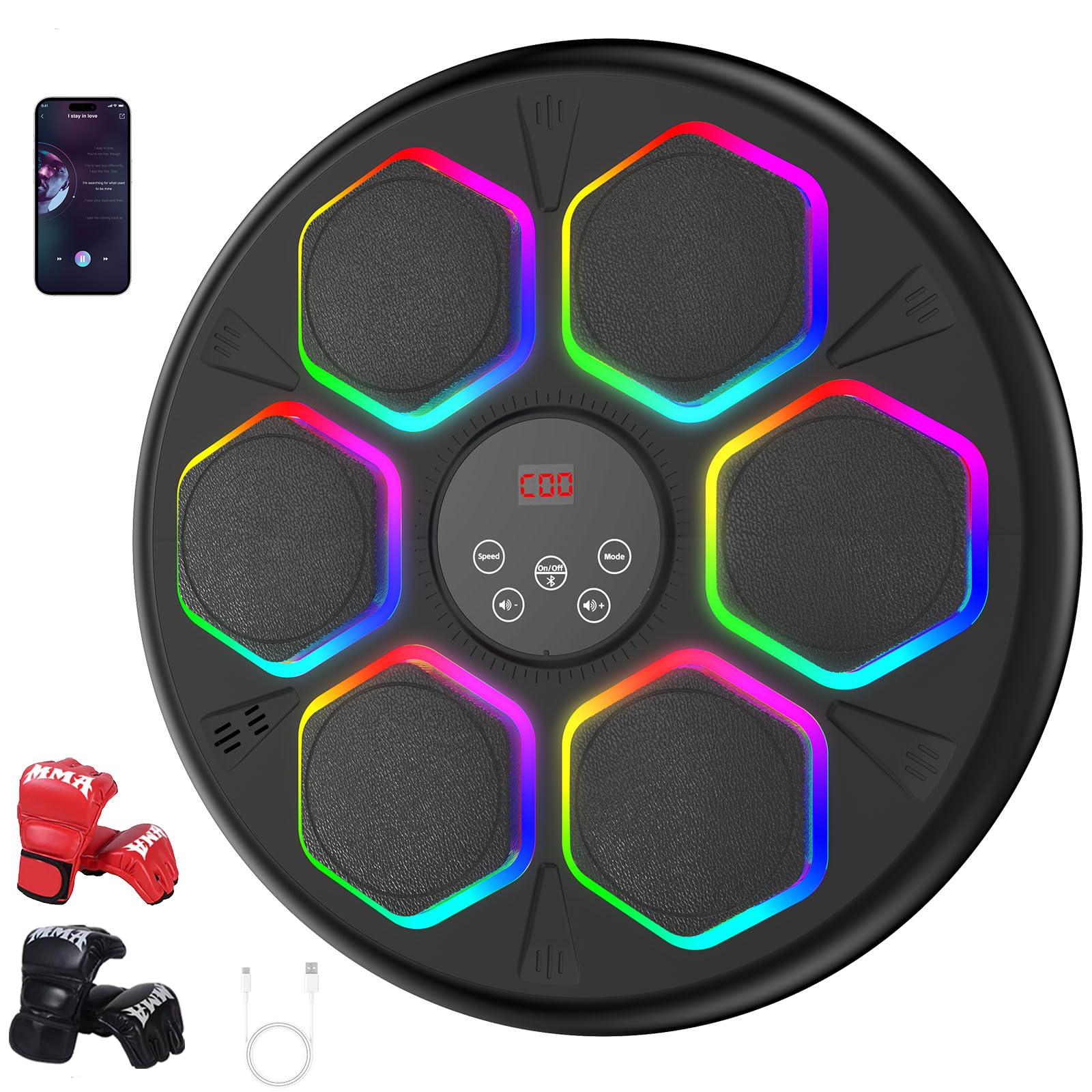 GAINO Music Boxing Machine, Smart Bluetooth Boxing Machine for Adults & Kids with 2 Boxing Gloves, 12 Modes/Speeds, Wall Mounted Music Boxing Workout Equipment for Home Office Gym(Black)