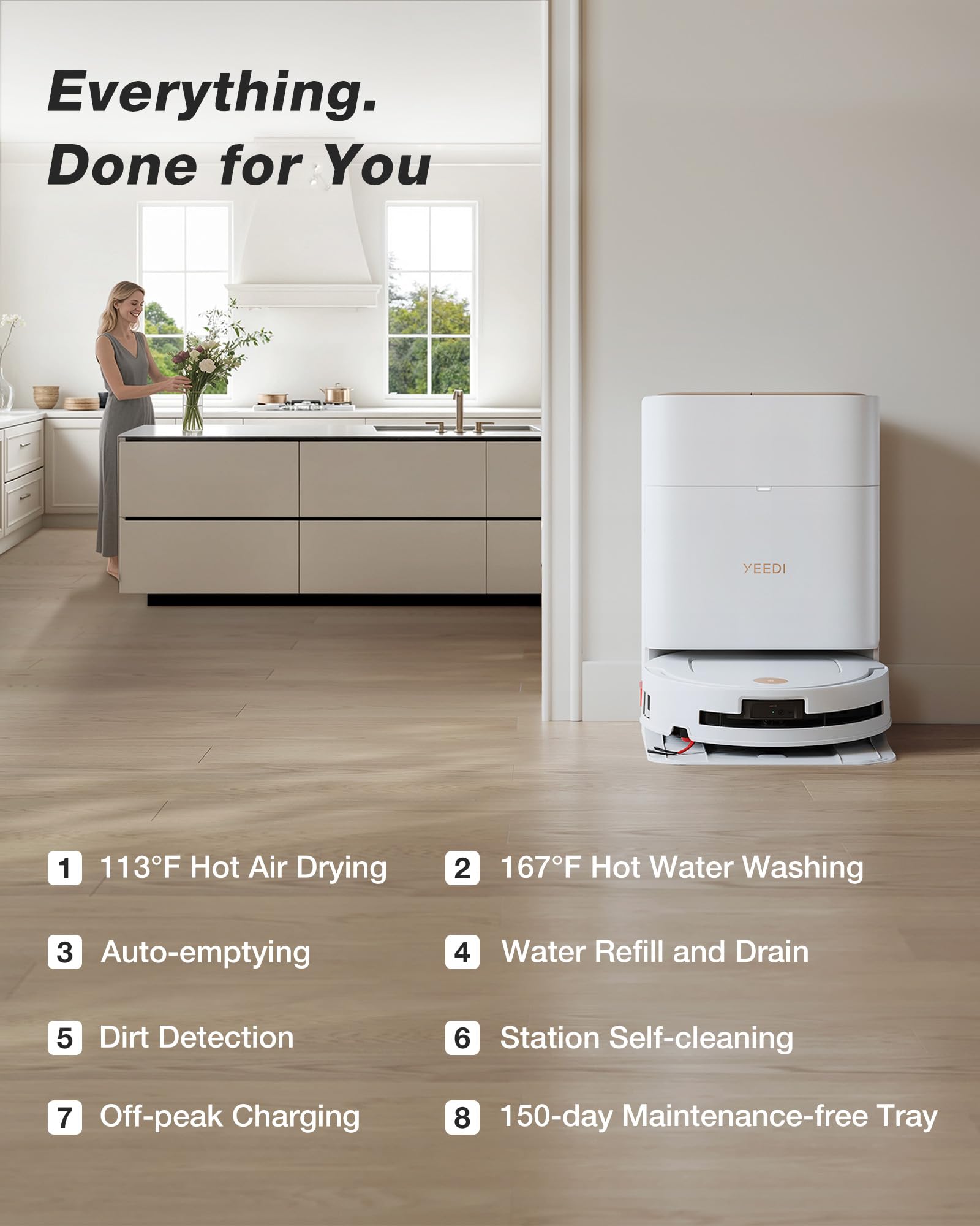 Yeedi M14 Plus Robot Vacuum and Mop, 18,000Pa Suction, OZMO Roller Instant Self-Washing Mopping, 167℉ Smart Dynamic Hot Wash & Auto-Dry, ZeroTangle 3.0 Anti-Hair Brush, All-in-One Omni Station, Black