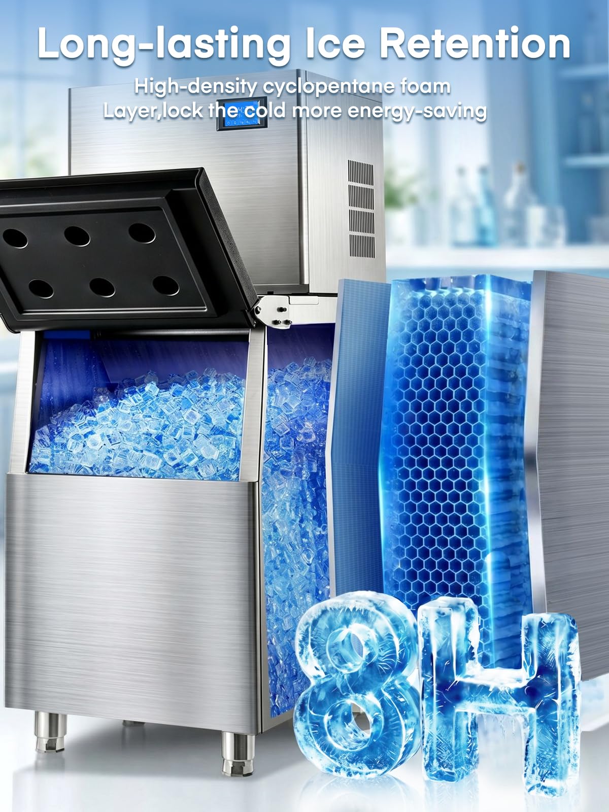 Commercial Ice Maker Machine 380LBS/24H, 250LBS Stainless Steel Storage Bin, 132 Ice Cubes in 8-15min, Self-Cleaning, Air Cooled Ice Machine with Touchscreen for Bar Business Restaurant Cafe (380 lbs)