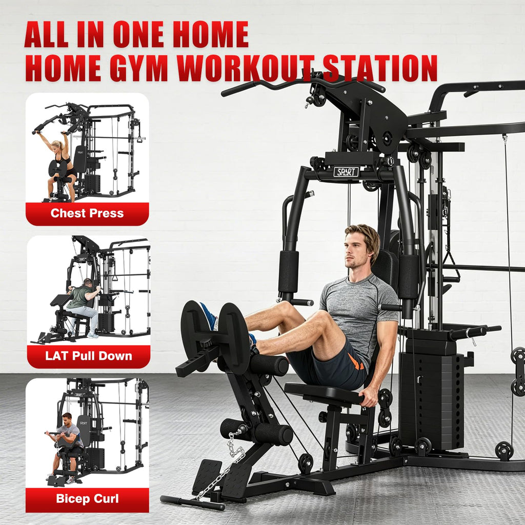 SPART All-in-One Home Gym Workout Station,Smithe Machine Home Gym Power Cage,Professional Functional Trainer for Couples & Family Strength Training,Leg Press, LAT Station for Full Body Training