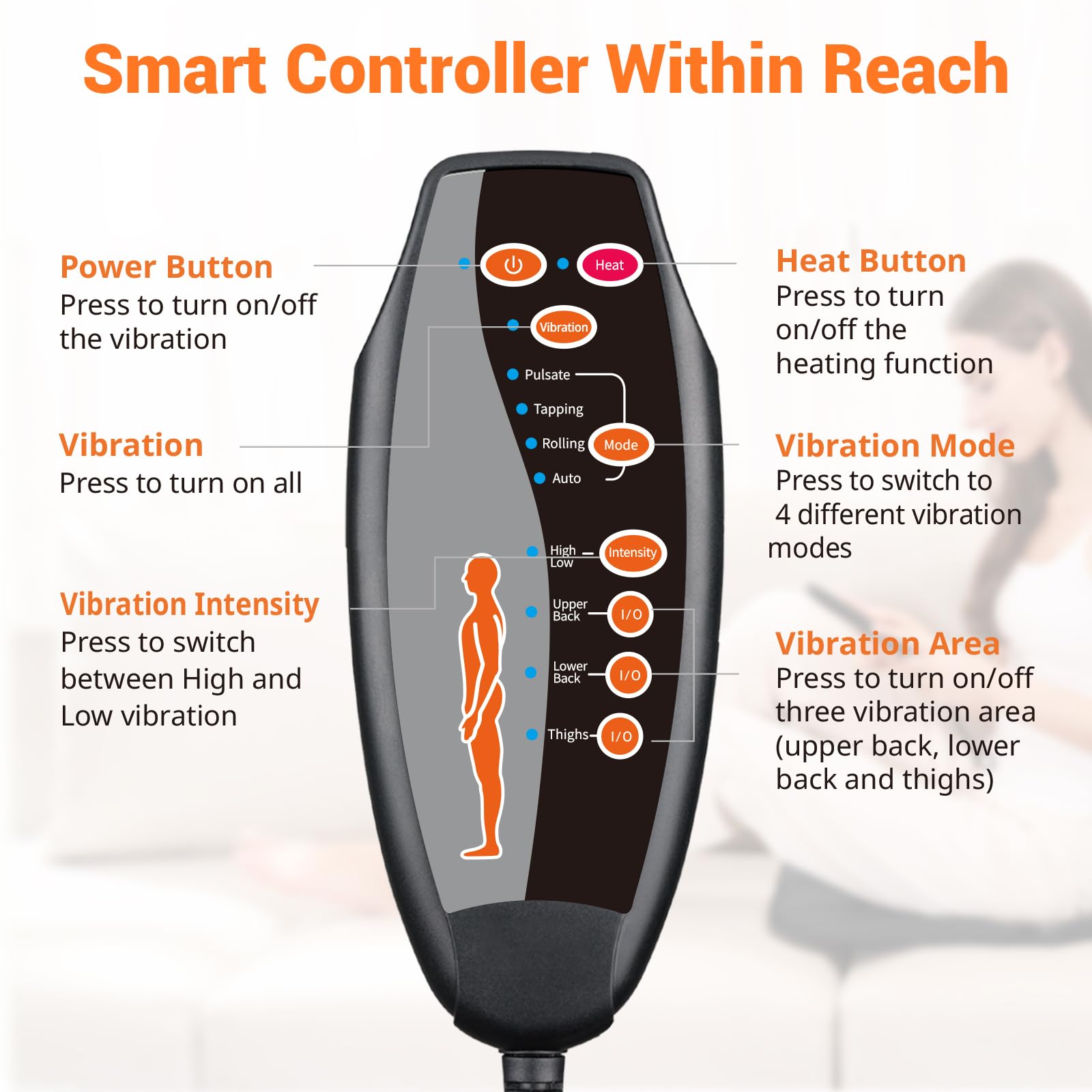 CARSHION Back Massager with Heat,Heated Seat Cover Cushion with 5 Vibrating Massage Nodes Chair Pad for Pain Relief Home Office Use
