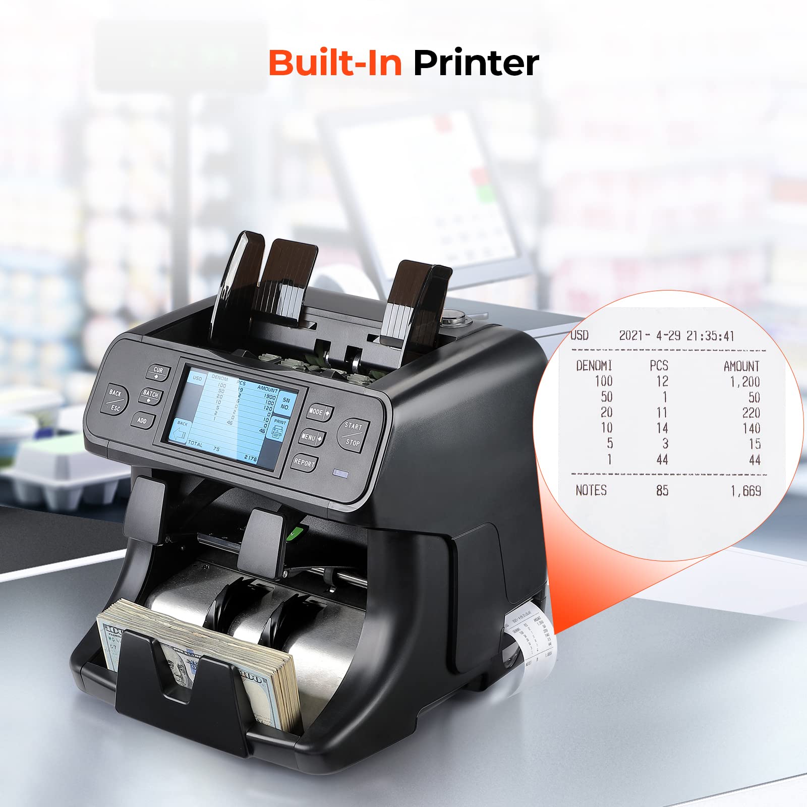 MUNBYN 2-Pocket Money Counter Machine Mixed Denomination, Money Sorter, Built-in Printer, Sort on DENOM/FACE/ORI, Value Counting, 2 CIS/UV/MG/IR Counterfeit Detection, Touch Screen, 2Y Protection
