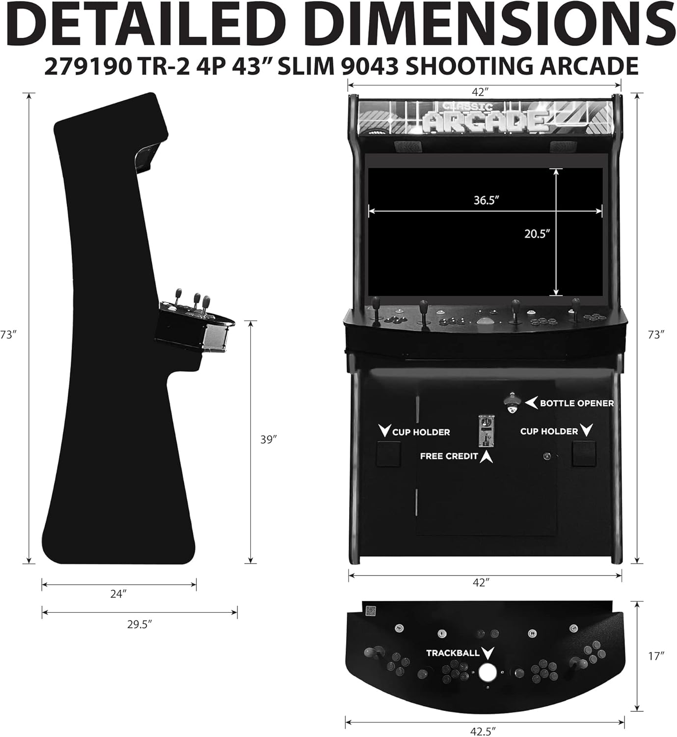 Creative Arcades Full-Size Commercial TR2 Classic Slimline Arcade Machine, 2 Lightguns, Stand-up Arcade 4 Player 43" LCD HD Monitor 9043 Games, 7 Color LED, 2 Tall Stools (Black Metal)