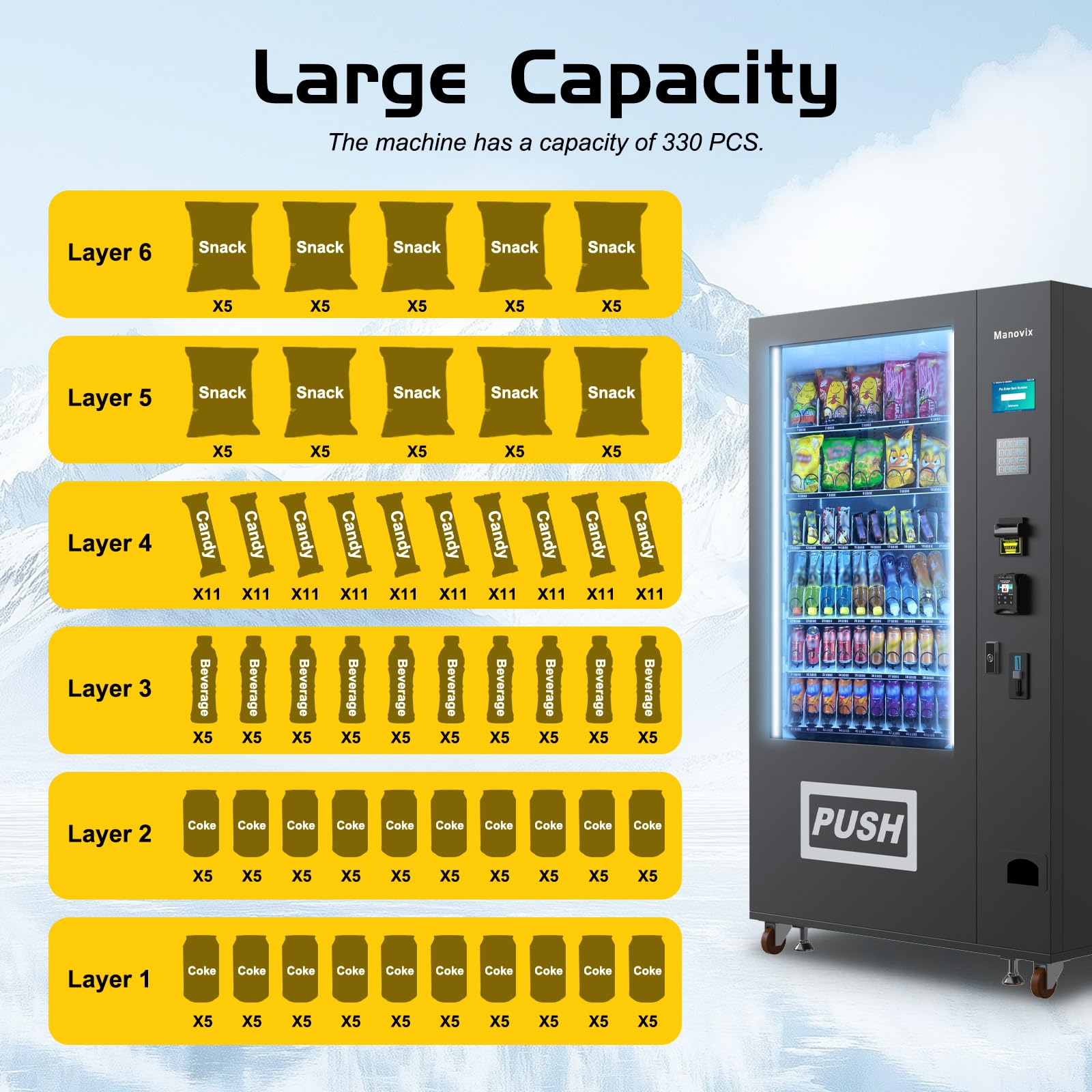 Refrigerated Beverage Vending Machine for Business, Large 60 Slots Snack Drink Combo Commercial Vending Machine Durable Cashless Vending Machine with Card Reader and Bill Coin Acceptor