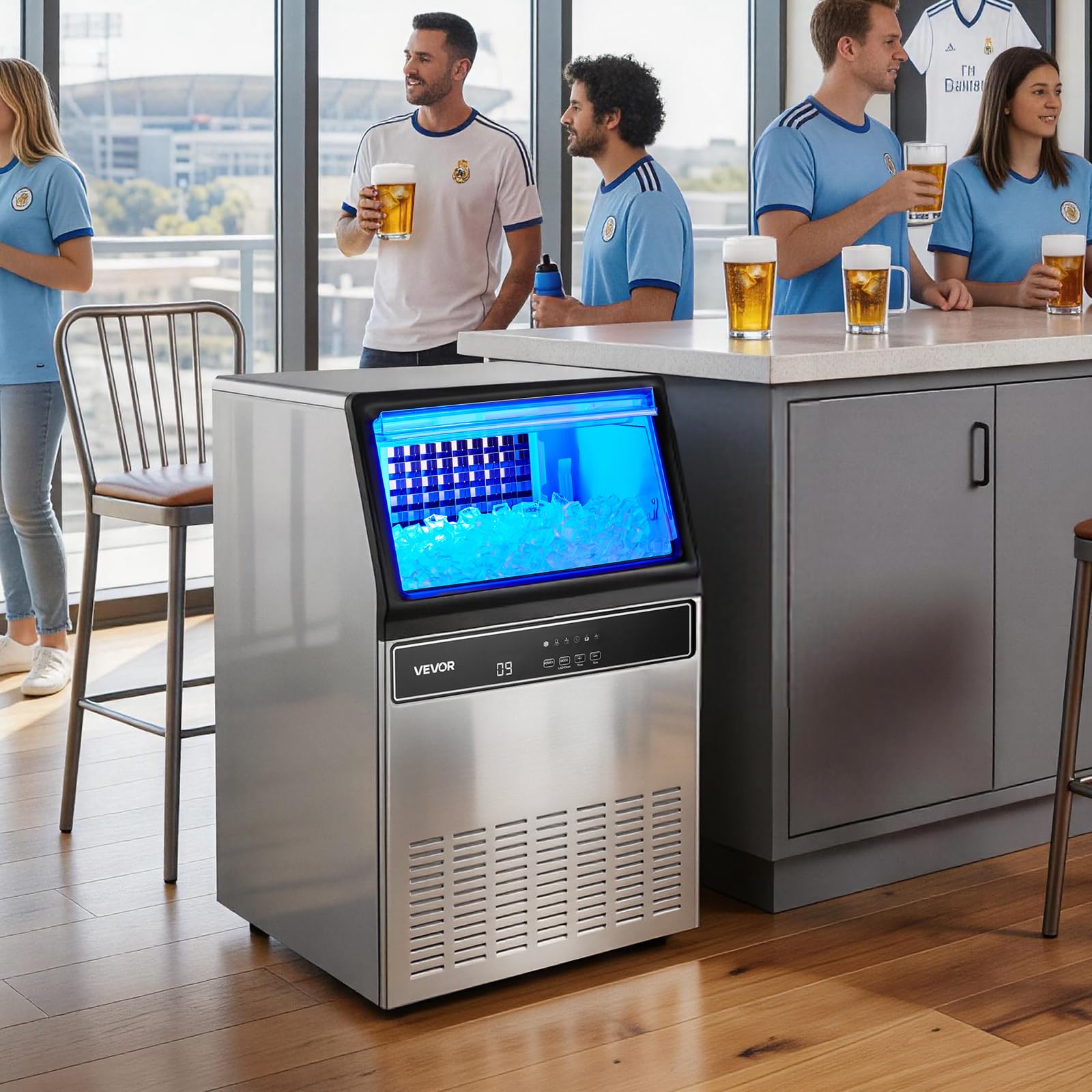 VEVOR Commercial Ice Maker Machine, 100 lbs/24h with 30-35 lbs Storage, Bullet Ice,Built-in/Freestanding/Under Counter, Stainless Steel Ice Maker with LED Display for Home Bar Restaurant