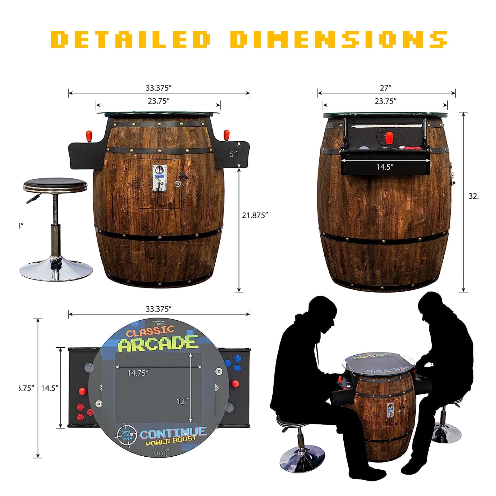 Creative Arcades Full-Size Commercial Grade Wine Barrel Style Pub Arcade Machine | Standard/Medium/Large | Classic Games | 2 Sanwa Joysticks | 2 Stools (Large, 60 Game, 19" Screen, Woodgrain)