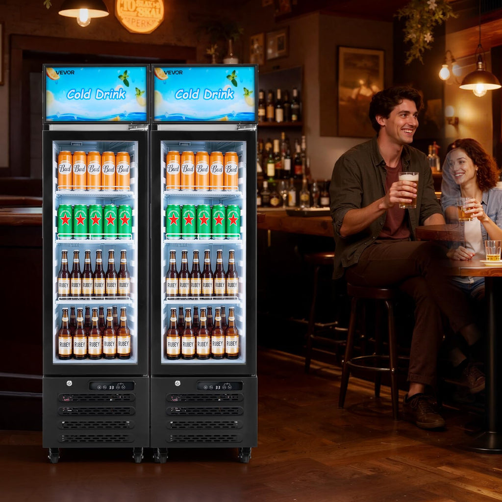 VEVOR Commercial Merchandiser Refrigerator, 6.9 Cu.Ft / 195L Glass Door Display Refrigerator, Upright Beverage Cooler Fridge with 4 Adjustable Shelves, Soft LED Light & Casters for Homes Shops Bars