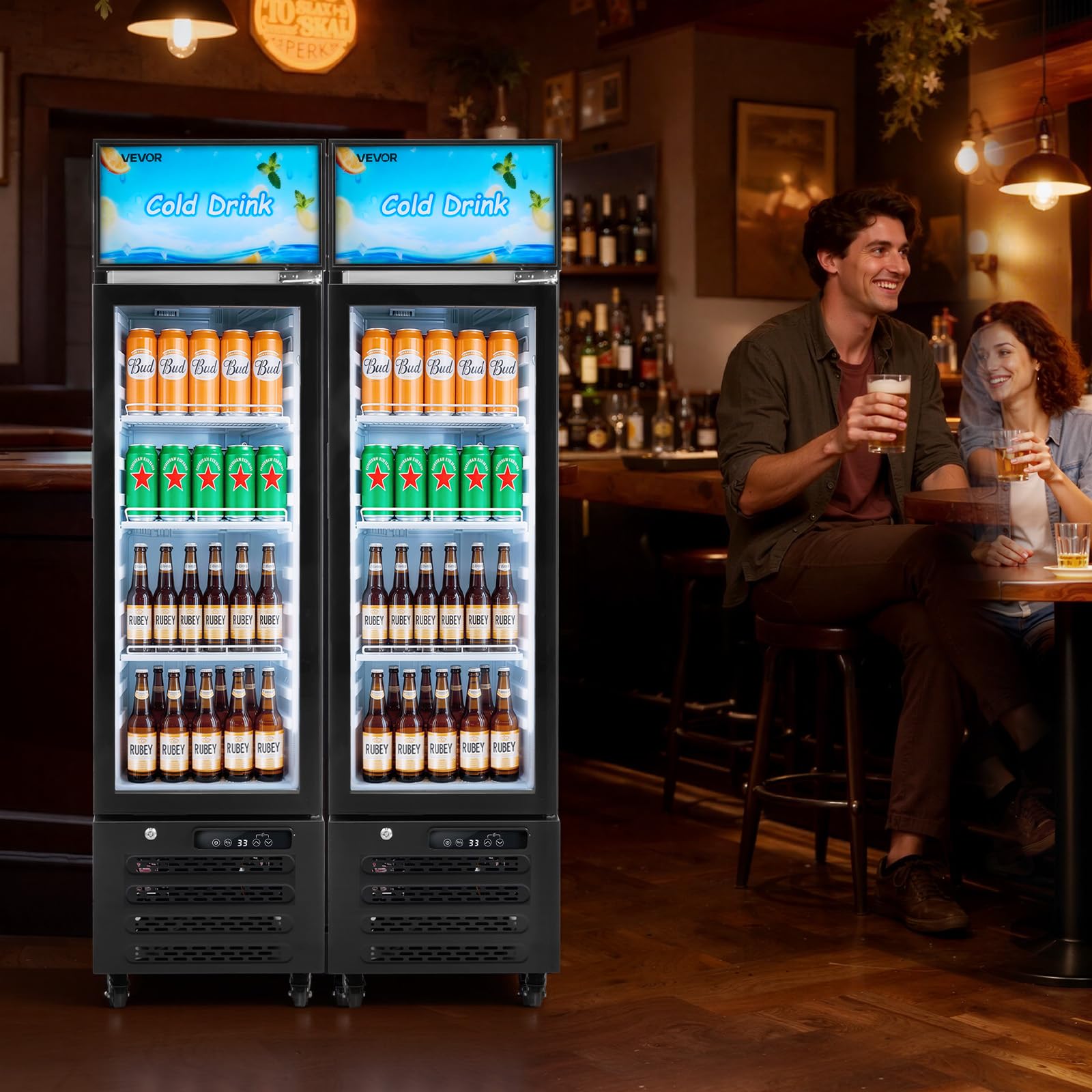 VEVOR Commercial Merchandiser Refrigerator, 6.9 Cu.Ft / 195L Glass Door Display Refrigerator, Upright Beverage Cooler Fridge with 4 Adjustable Shelves, Soft LED Light & Casters for Homes Shops Bars