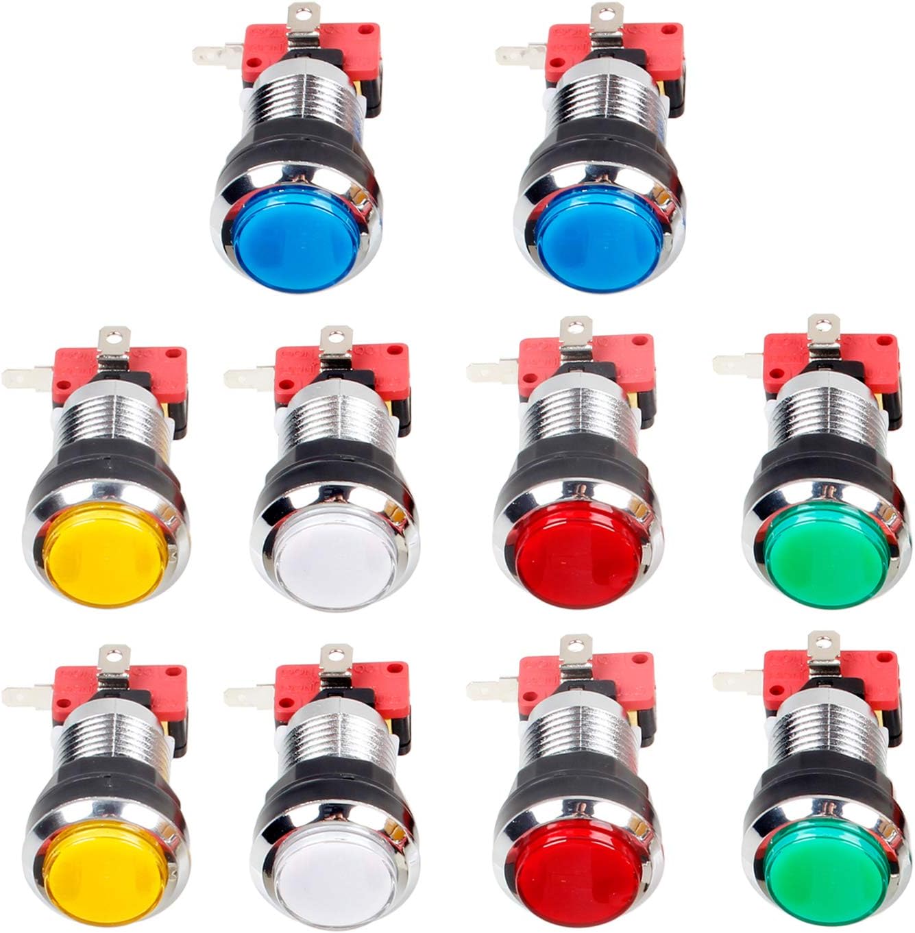 EG STARTS 10 Pcs/Lots Chrome Plating 30mm LED Illuminated Push Buttons with Micro Switch for Arcade Machine Games Mame Jamma Parts 12V Each Color of 2 Pieces