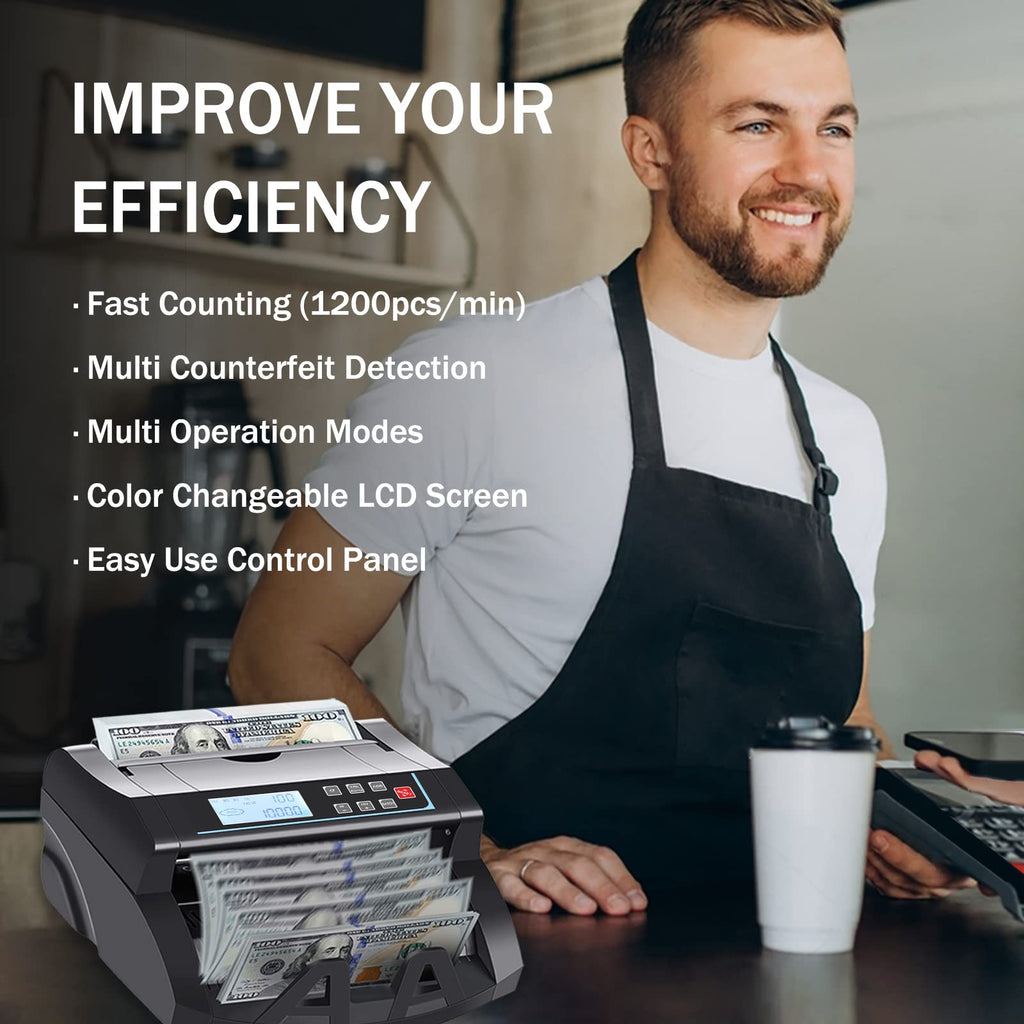 Money Counter Machine Count Value,UV/MG/MT/IR Counterfeit Detection Bill Counter,US Dollar only Cash Counter, Add+Value/Batch+Value Modes,Money Counting Machine with LCD Display (Black+Grey)