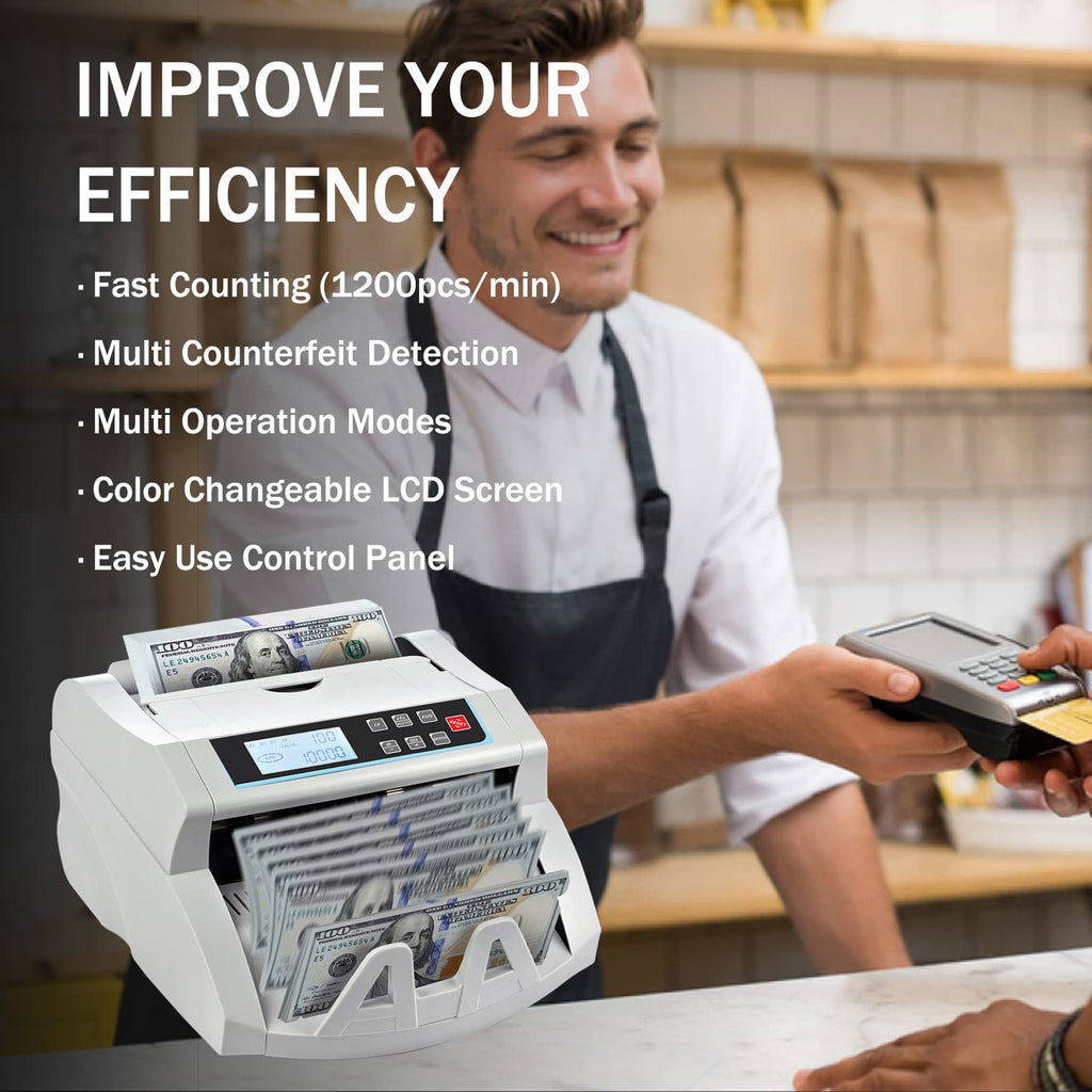 Money Counter Machine Count Value,UV/MG/MT/IR Counterfeit Detection Bill Counter,US Dollar only Cash Counter, Add+Value/Batch+Value Modes,Money Counting Machine with LCD Display (Black+Grey)