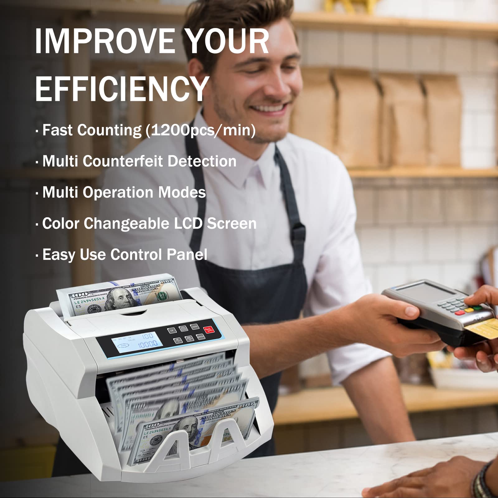 Money Counter Machine Count Value,UV/MG/MT/IR Counterfeit Detection Bill Counter,US Dollar only Cash Counter, Add+Value/Batch+Value Modes,Money Counting Machine with LCD Display (Black+Grey)