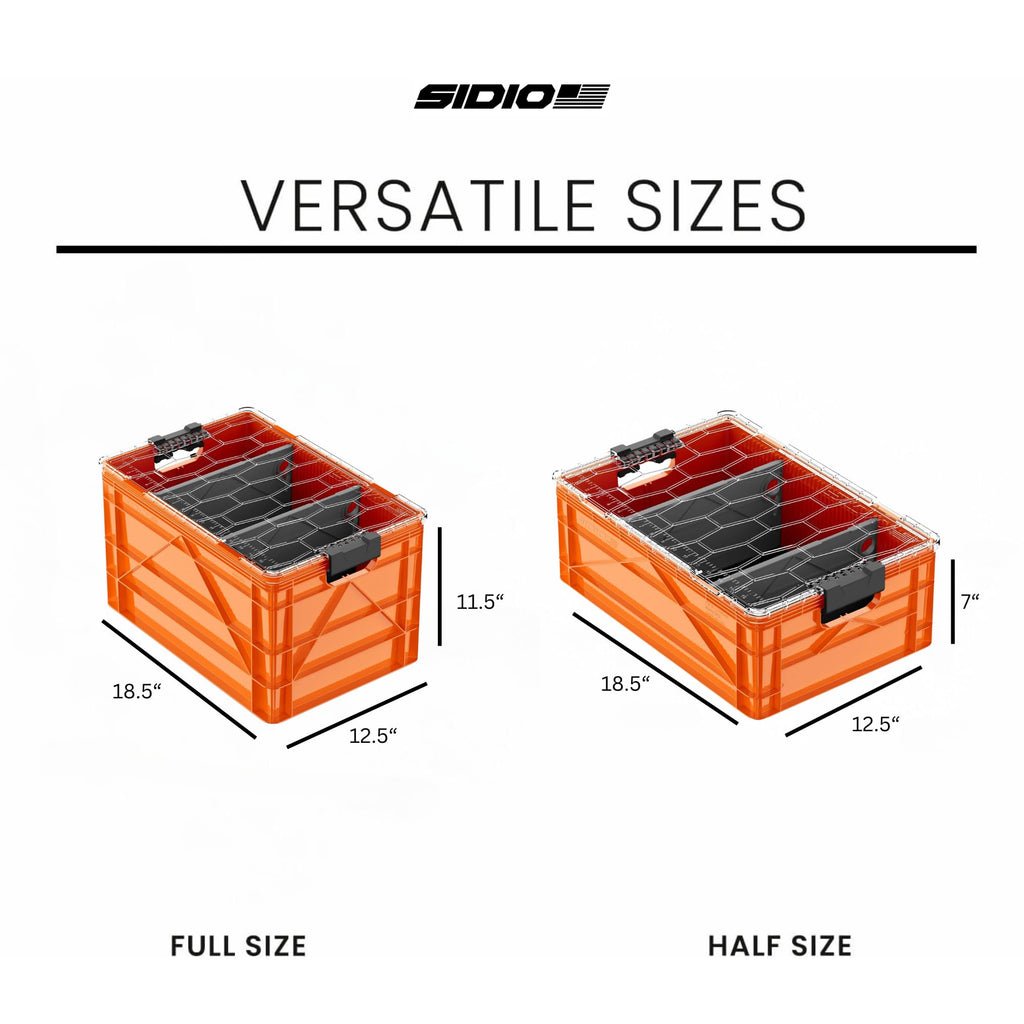 SIDIO CRATE Starter Pack - Two Full Size and One Half Size SidioCrate, Stackable Outdoor Organizer Storage Bins with Clear Lid and Dividers - Tan