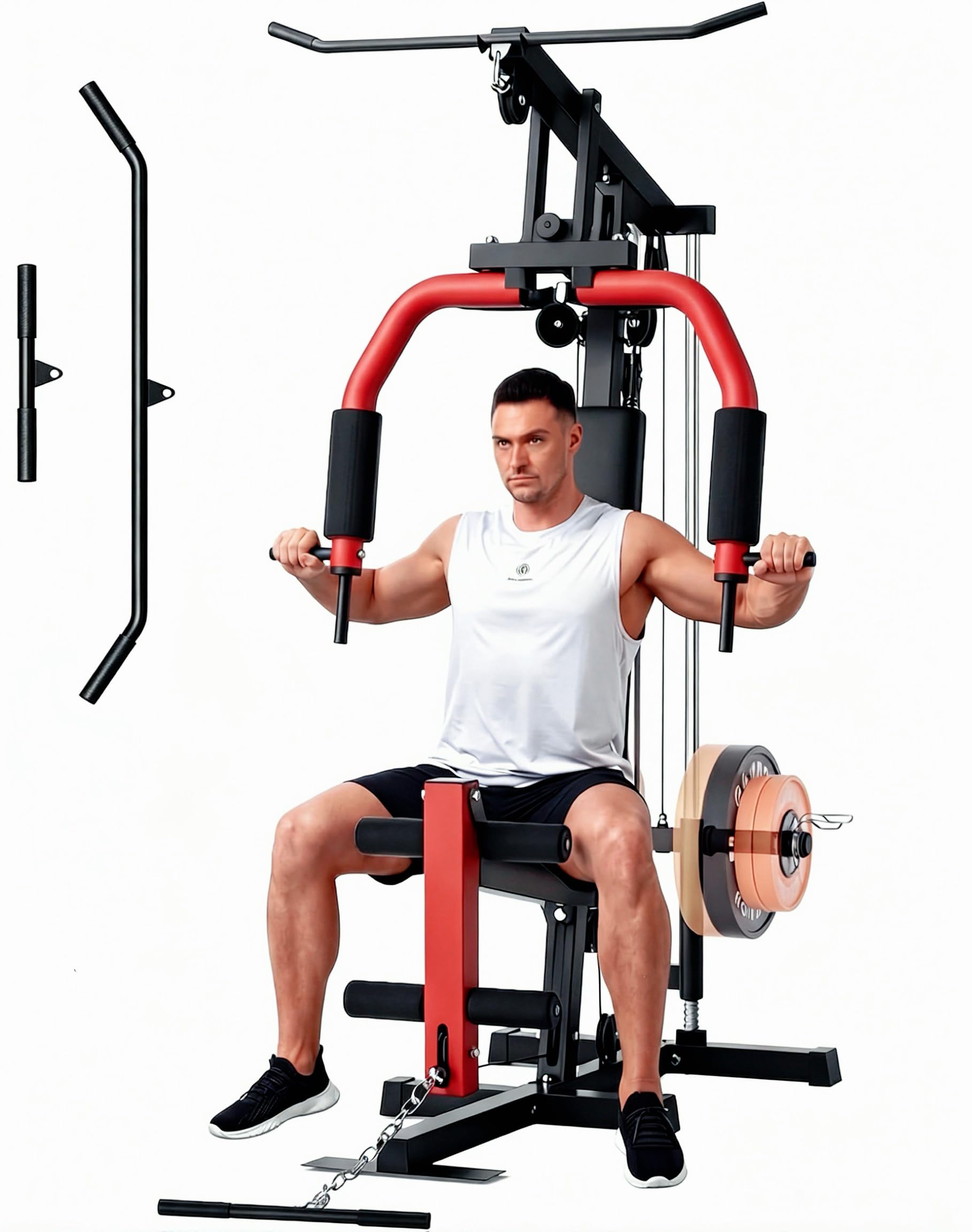 5-in-1 Multifunctional Home Gym Equipment, Full Body Training Machine with LAT Pulldown, Chest Press, Leg Extension, Seated Row,300LB Weight Capacity, Fits 1&2 Inch Weight Plates (Not Included)