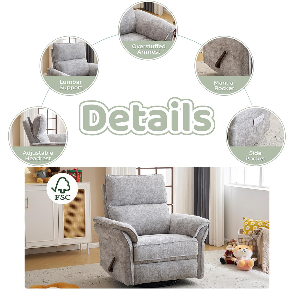 Oversized Rocking Chair Nursery with Massage and Heat, Glider Recliner Nursery Chair with Adjustable Headrest, Power Swivel Rocker Recliner Chair with USB Port, Dark Grey