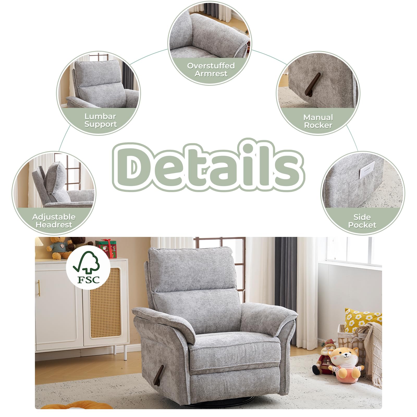 Oversized Rocking Chair Nursery with Massage and Heat, Glider Recliner Nursery Chair with Adjustable Headrest, Power Swivel Rocker Recliner Chair with USB Port, Dark Grey