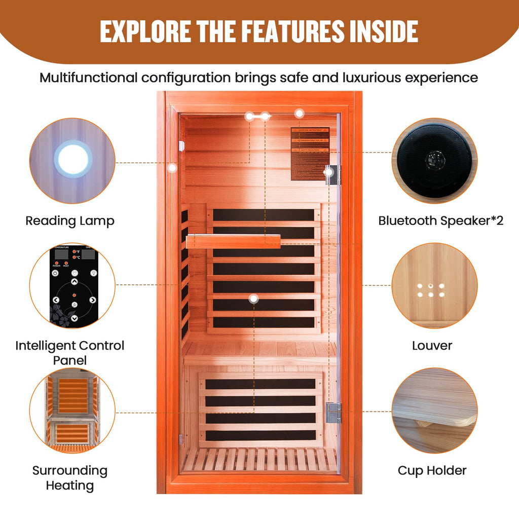 2 Person Infrared Sauna Far Infrared Sauna Room for Home Indoor 2000W Low-EMF Wood Dry Sauna with Full Starry Sky Lights Ceiling in 7 Color Speaker Fast Heating Easy Assembly- 47.3*41.3*74.8 IN