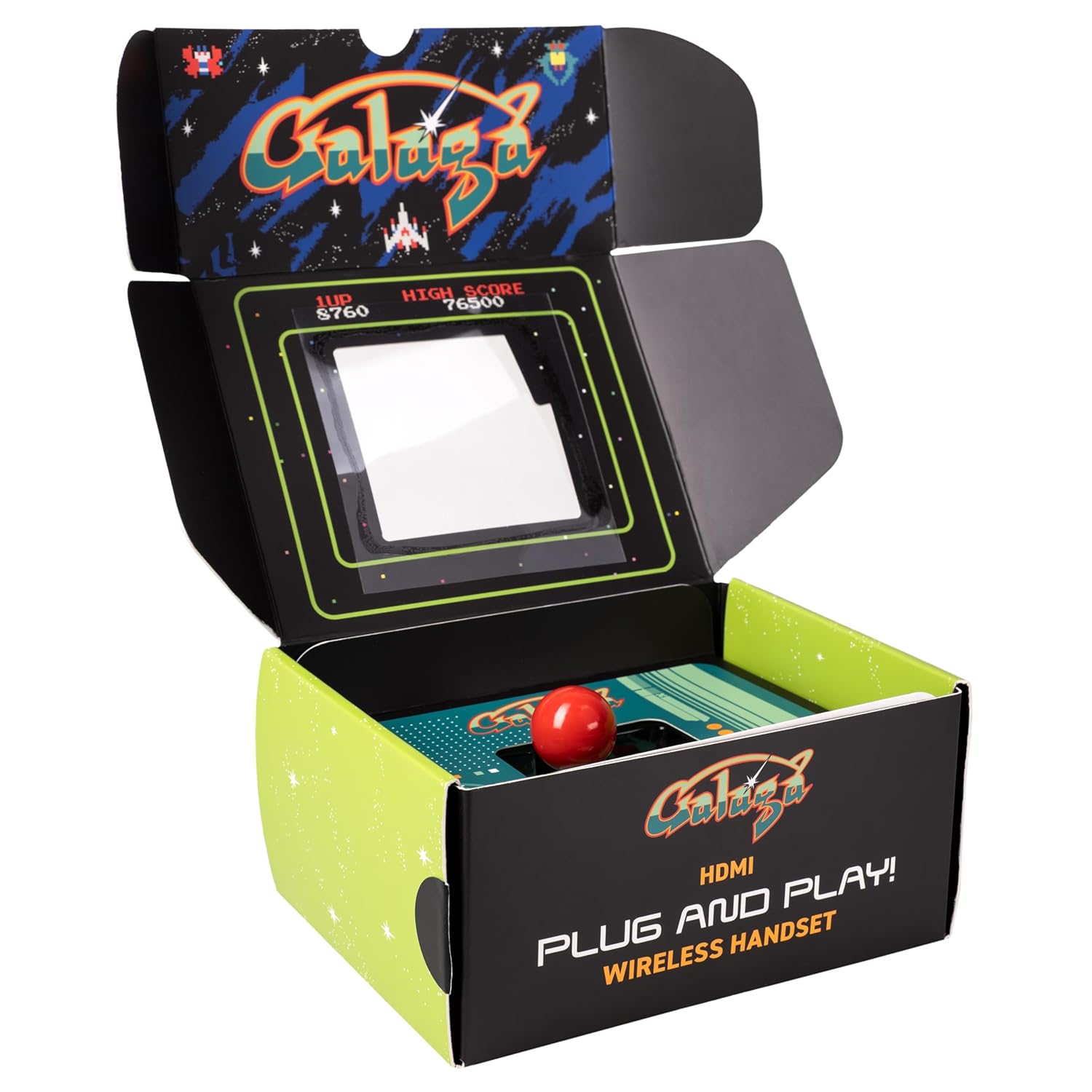 Galaga Plug & Play HDMI Arcade Console with TV Stick & Wireless Joystick – Classic Galaga Game On Your TV, Nostalgic Retro Gaming, Easy Setup, Ideal Gift for Gamers & Collectors.