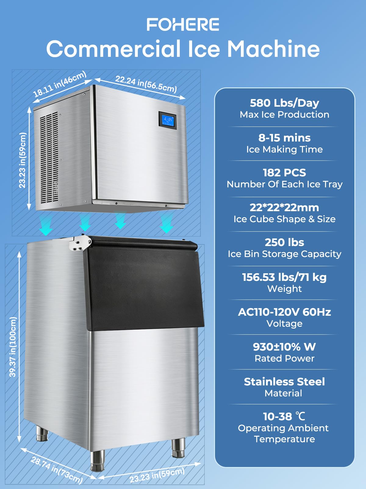 Commercial Ice Maker Machine 380LBS/24H, 250LBS Stainless Steel Storage Bin, 132 Ice Cubes in 8-15min, Self-Cleaning, Air Cooled Ice Machine with Touchscreen for Bar Business Restaurant Cafe (380 lbs)