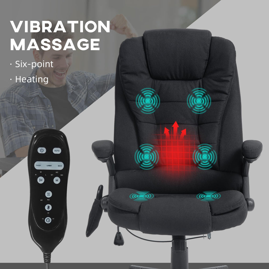 Vinsetto 6 Point Vibrating Massage Office Chair with Heat, Linen High Back Executive Office Chair with Reclining Backrest, Padded Armrests and Remote, Black